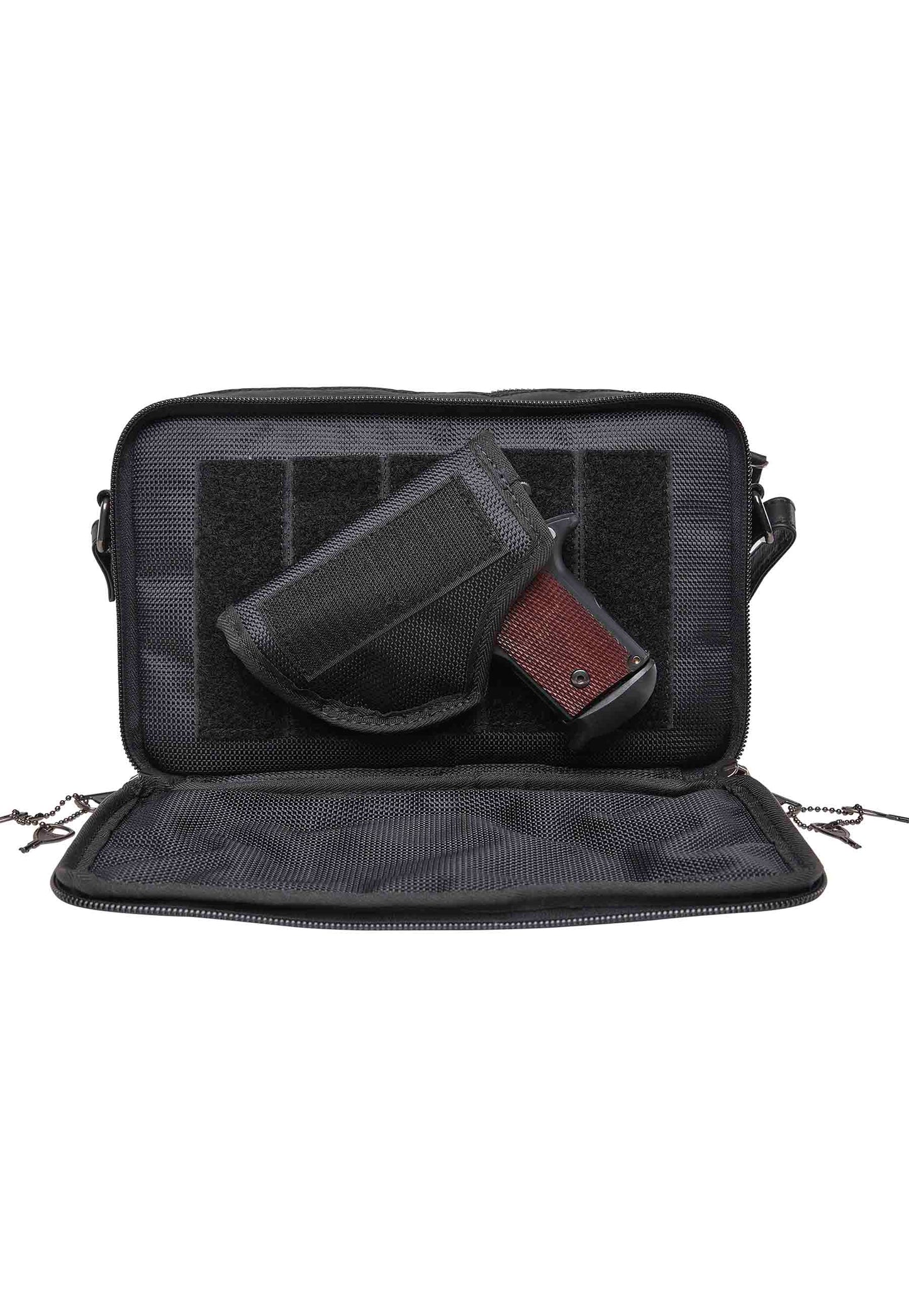 purse shown with pistol in conceal carry compartment
