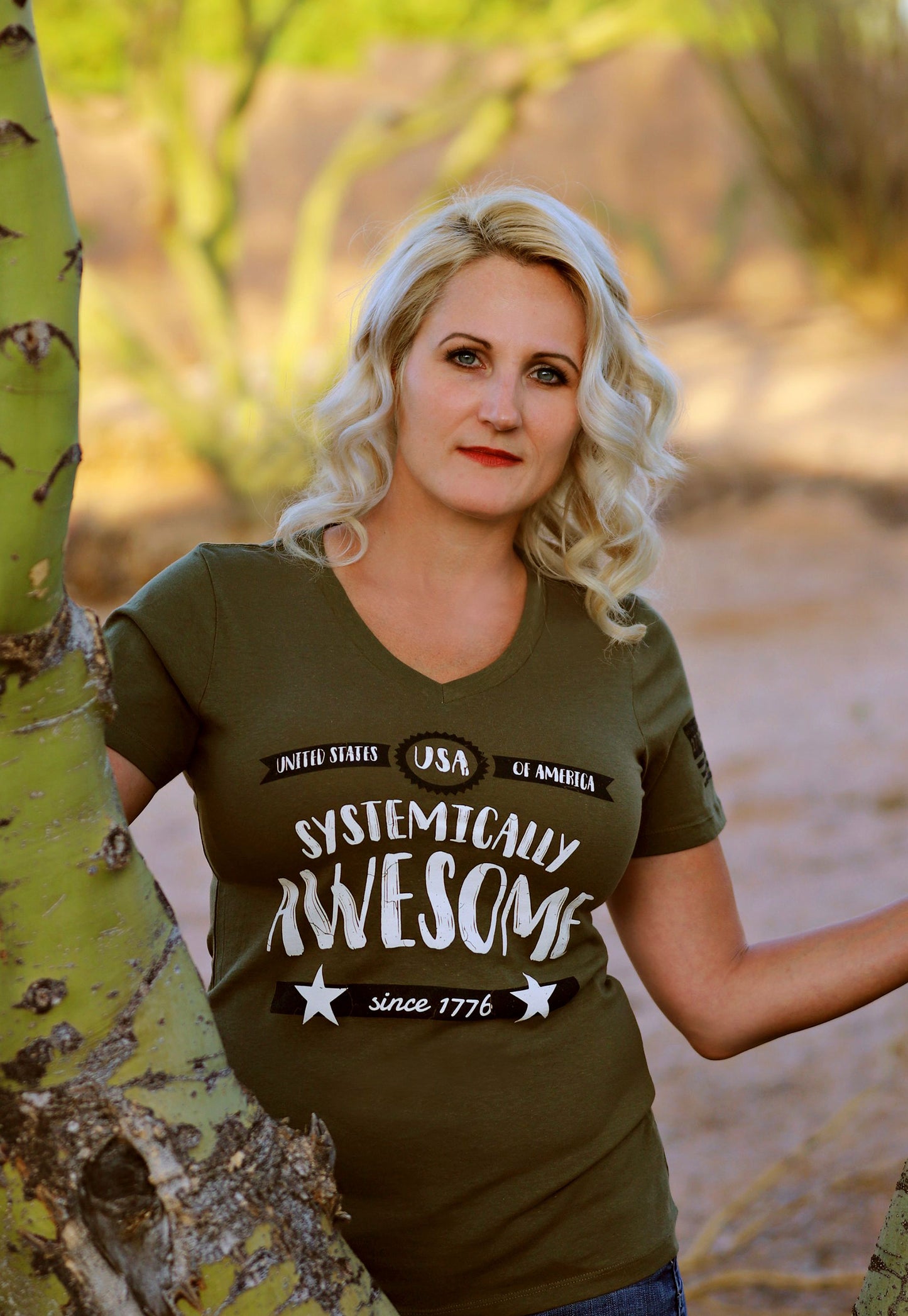 Female model wearing a patriotic american shirt