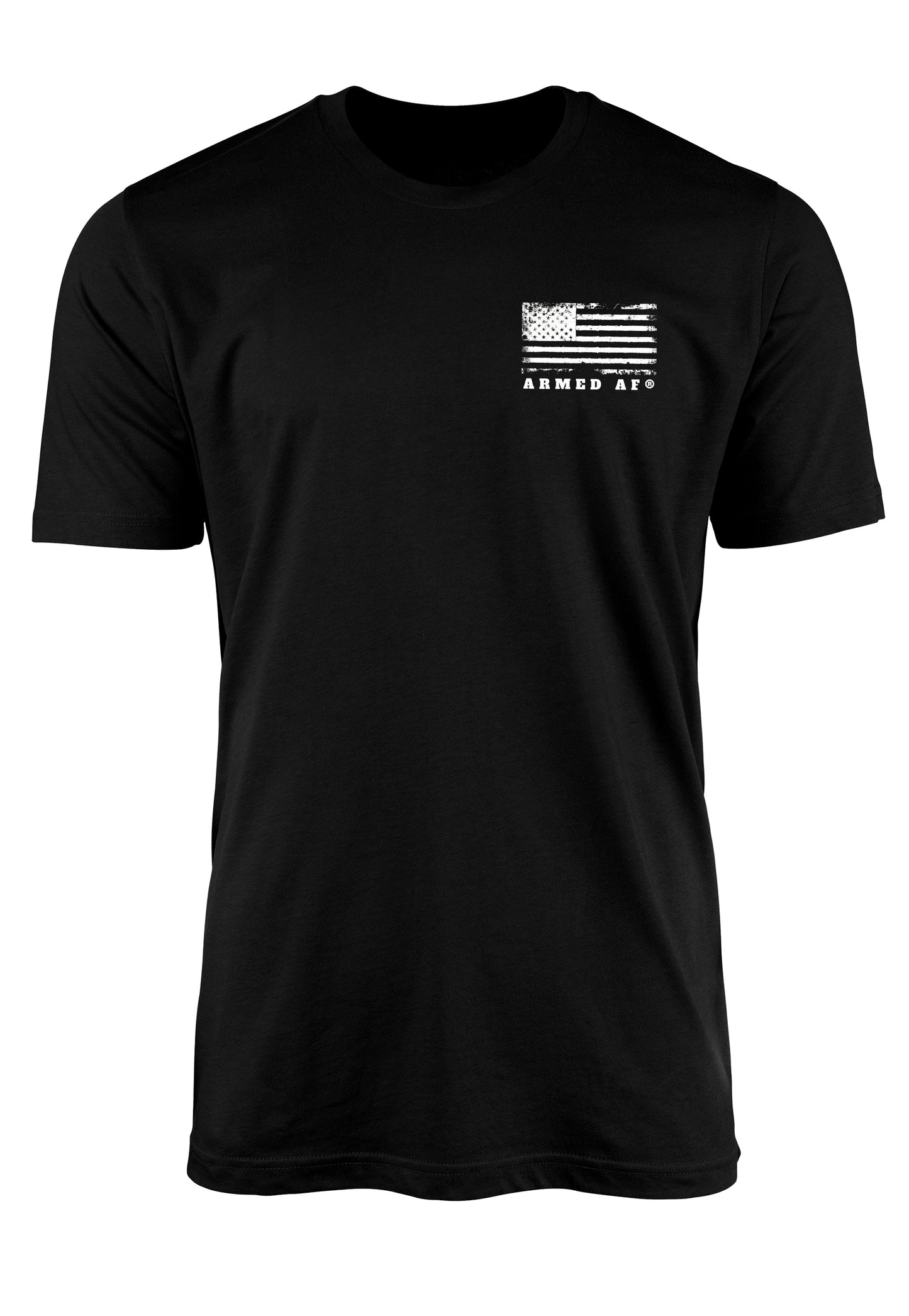 ARMED AF brand on left chest of USA t-shirt
