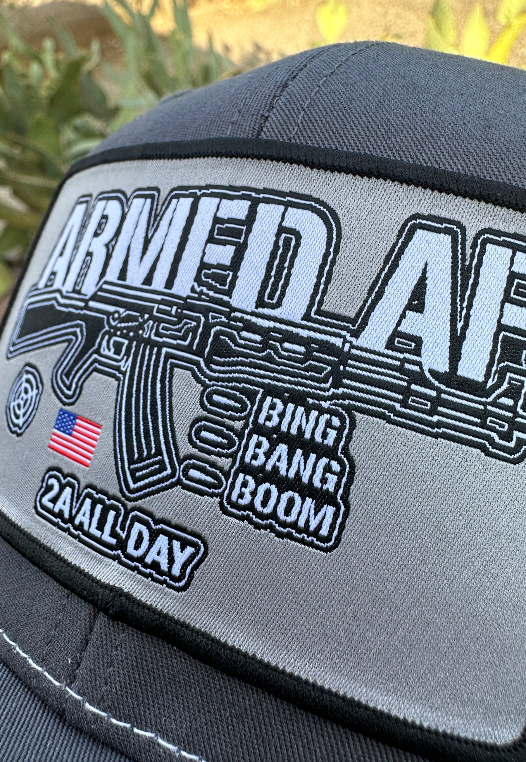 Closeup view of woven patch on second amendment hat