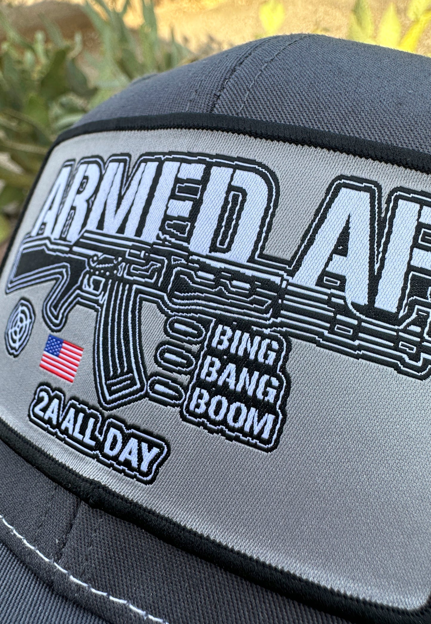 Closeup view of woven patch on second amendment hat