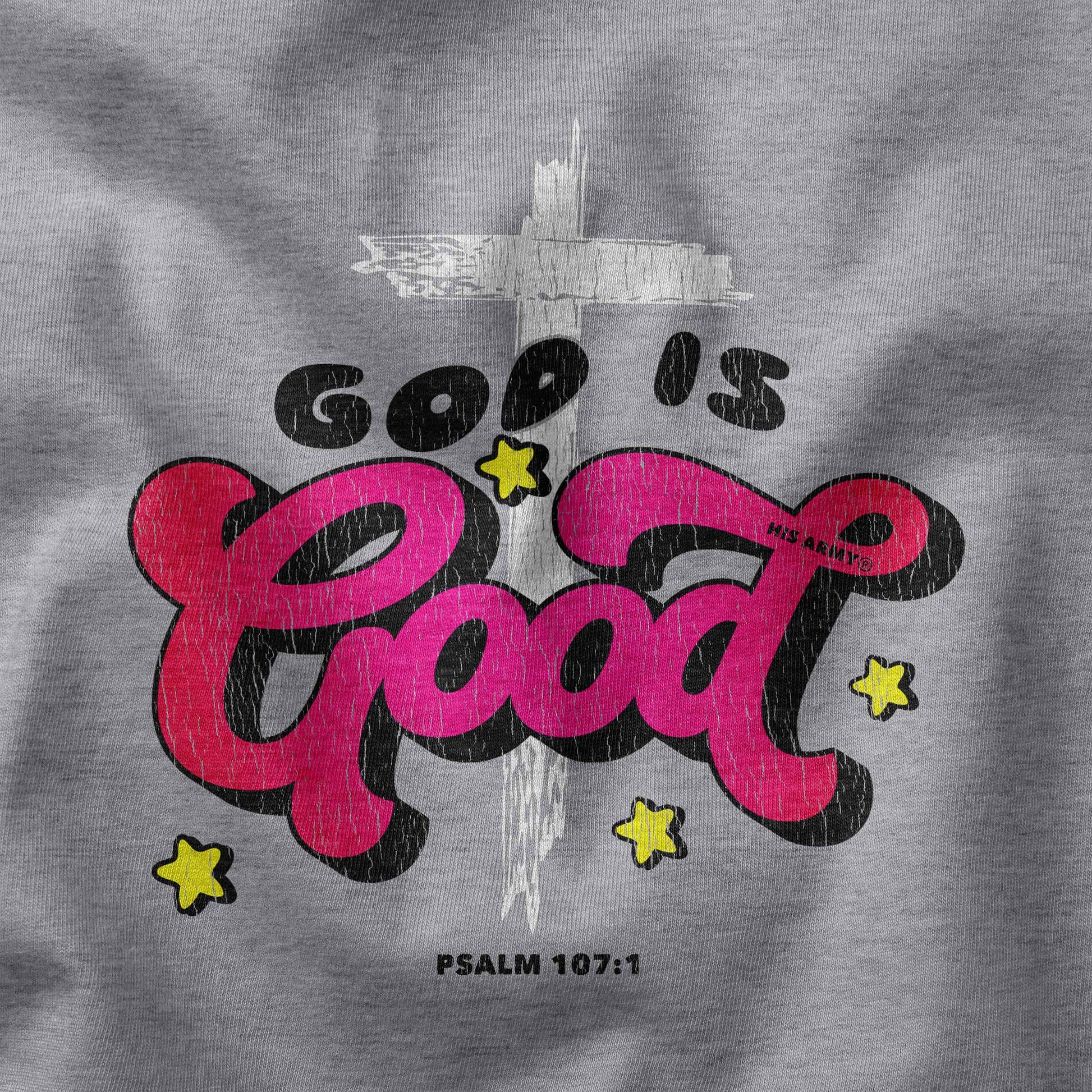 Closeup of Christian t-shirt design God is good.