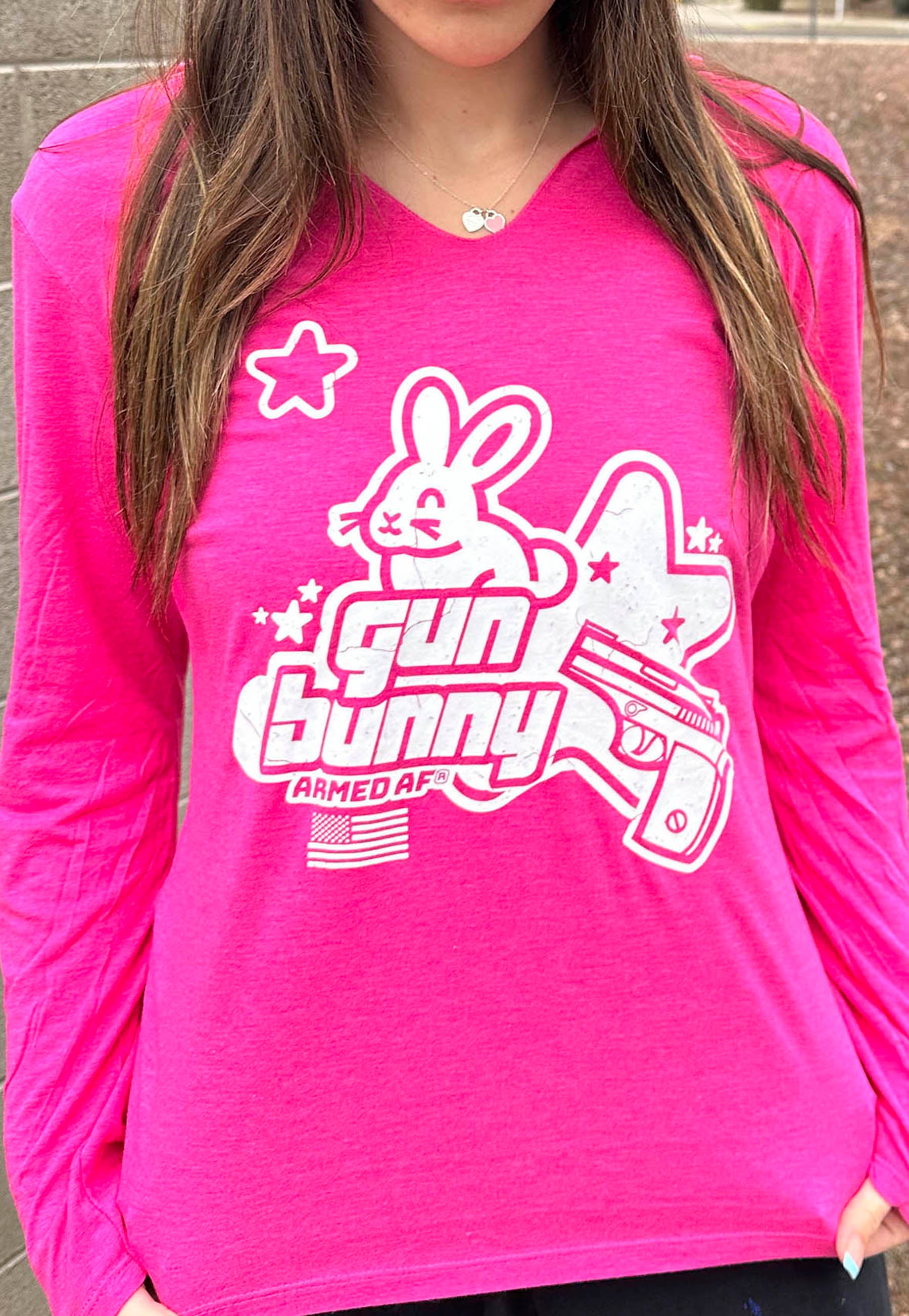 Gun bunny long sleeve women's hoodie on model
