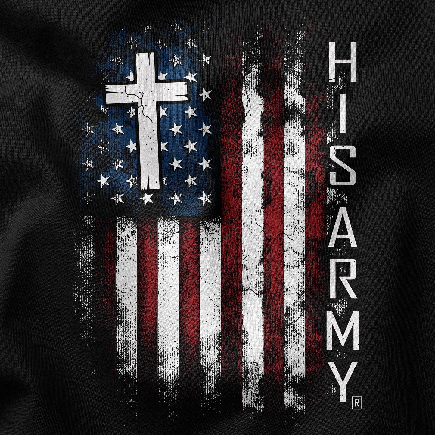 Closeup image of Christian American flag t-shirt design from His Army® brand