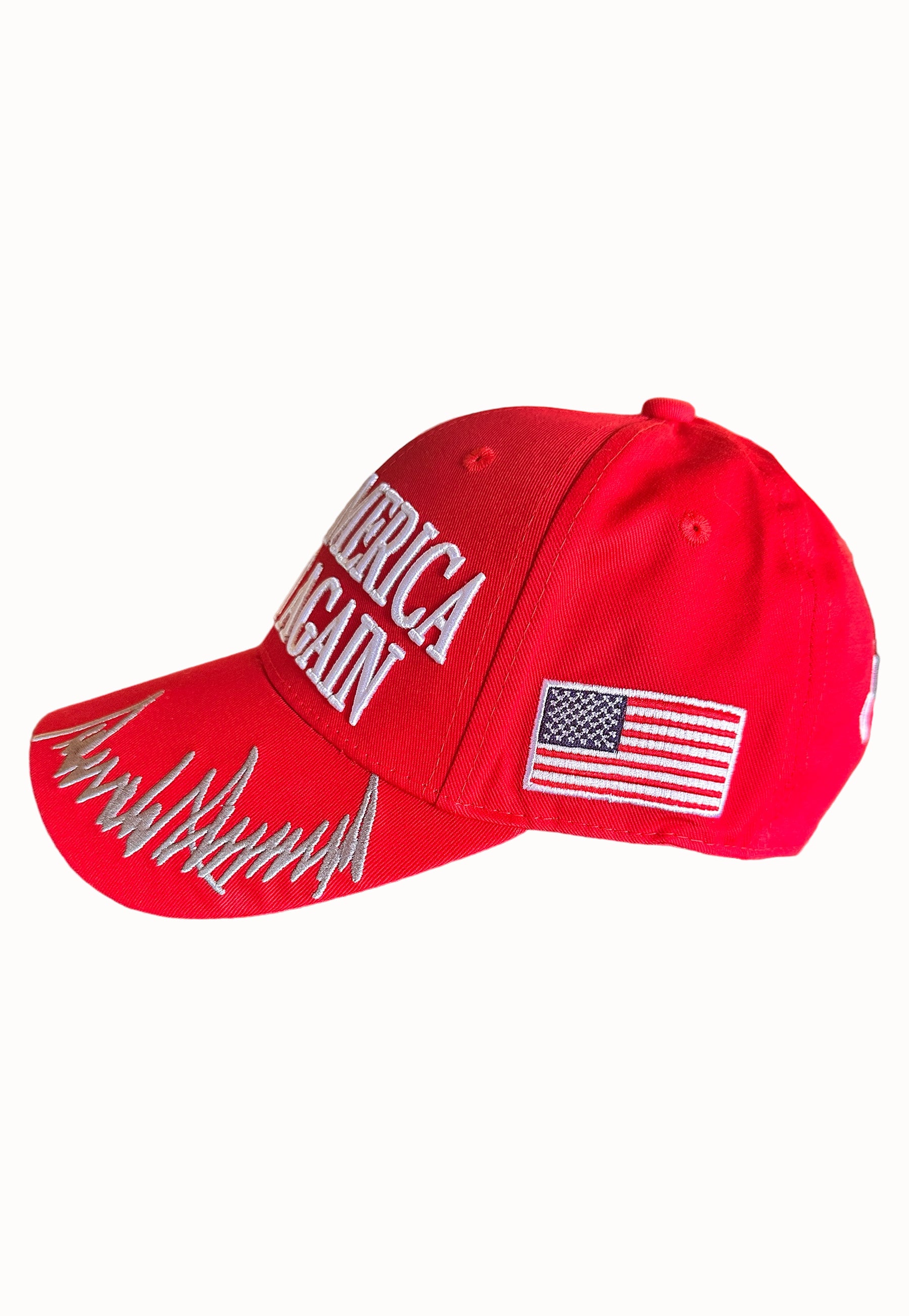 Side view of premium MAGA hat detailing