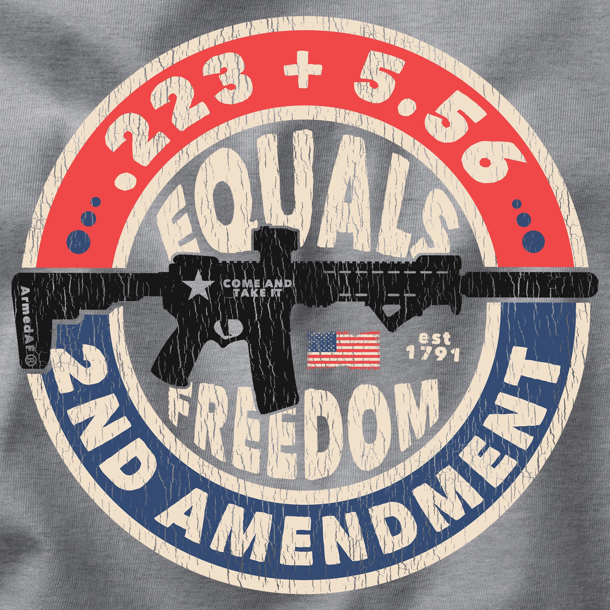Closeup of ArmedAF® original second amendment t-shirt design