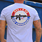 Gun math t-shirt on model near dumpster