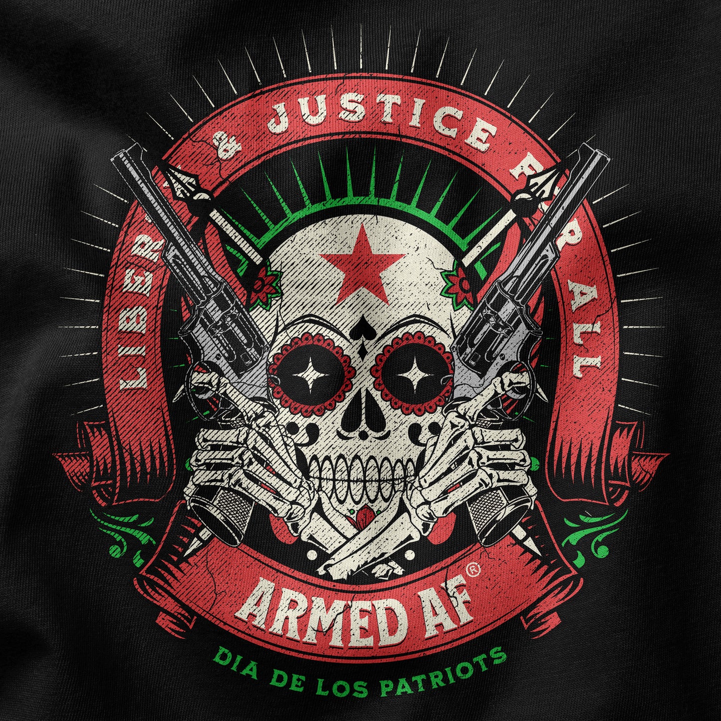 Closeup of Patriot t-shirt dia de los muertos design