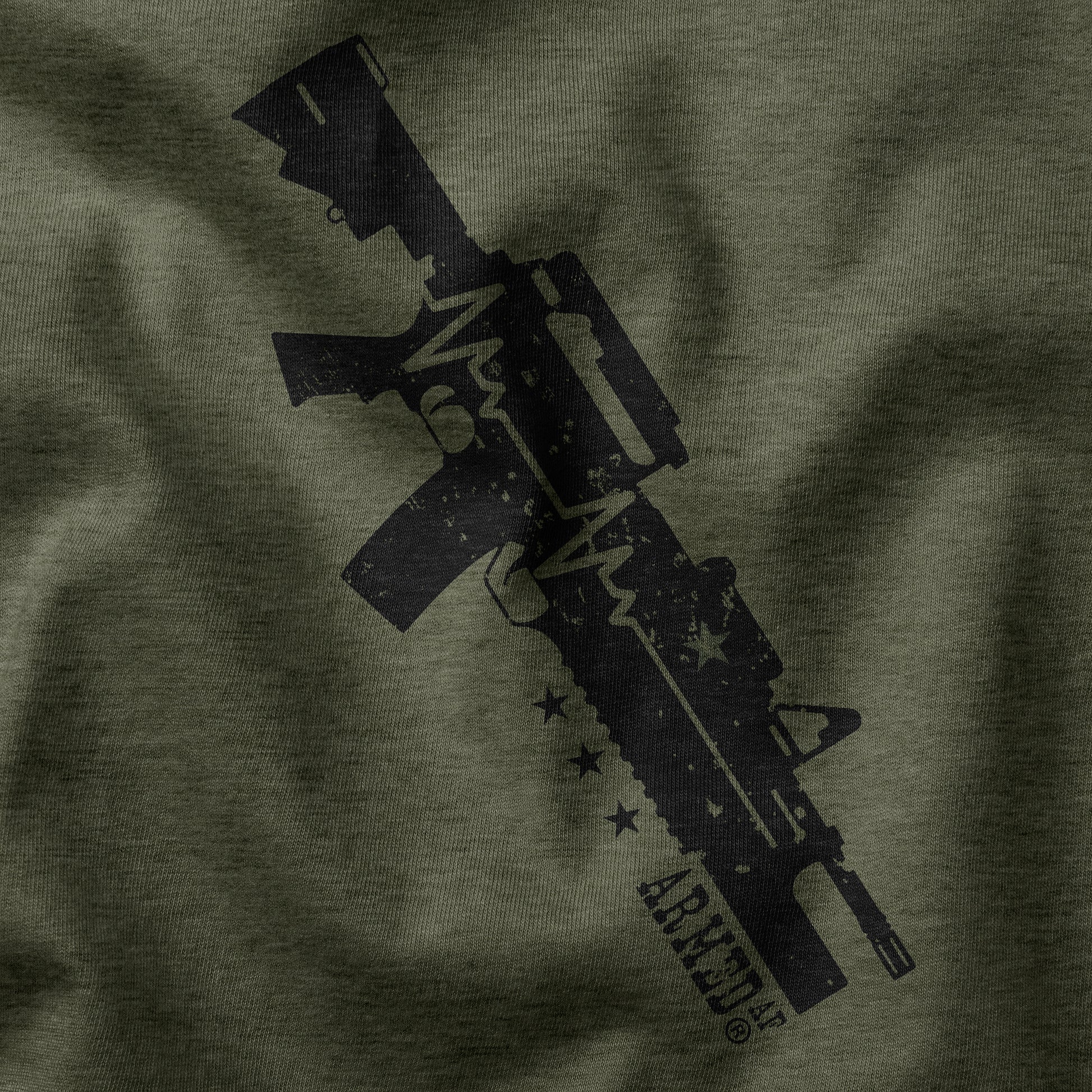 Closeup of heartbeat AR15 rifle tee shirt in olive drab