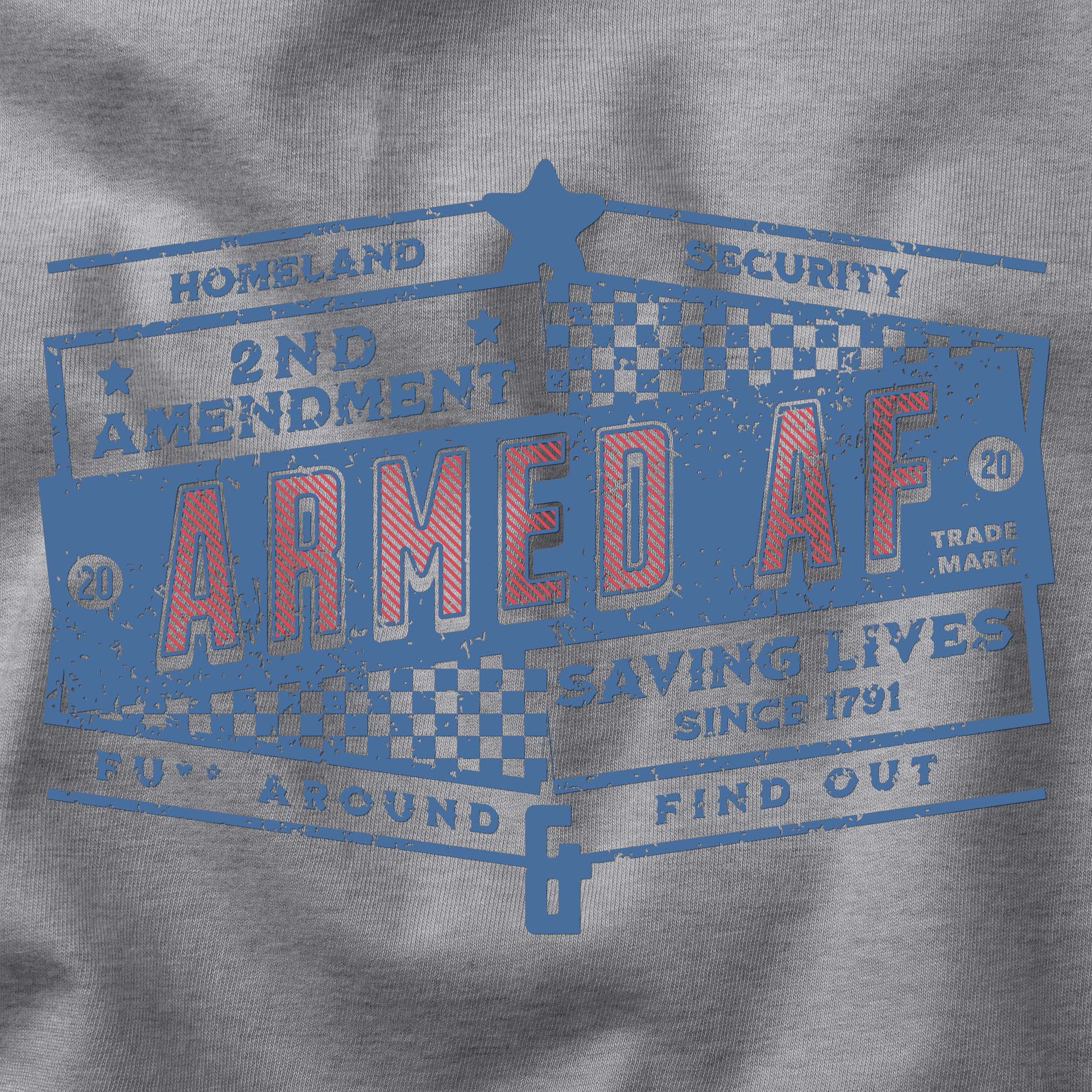 Closeup of Armed AF® brand second amendment t-shirt design