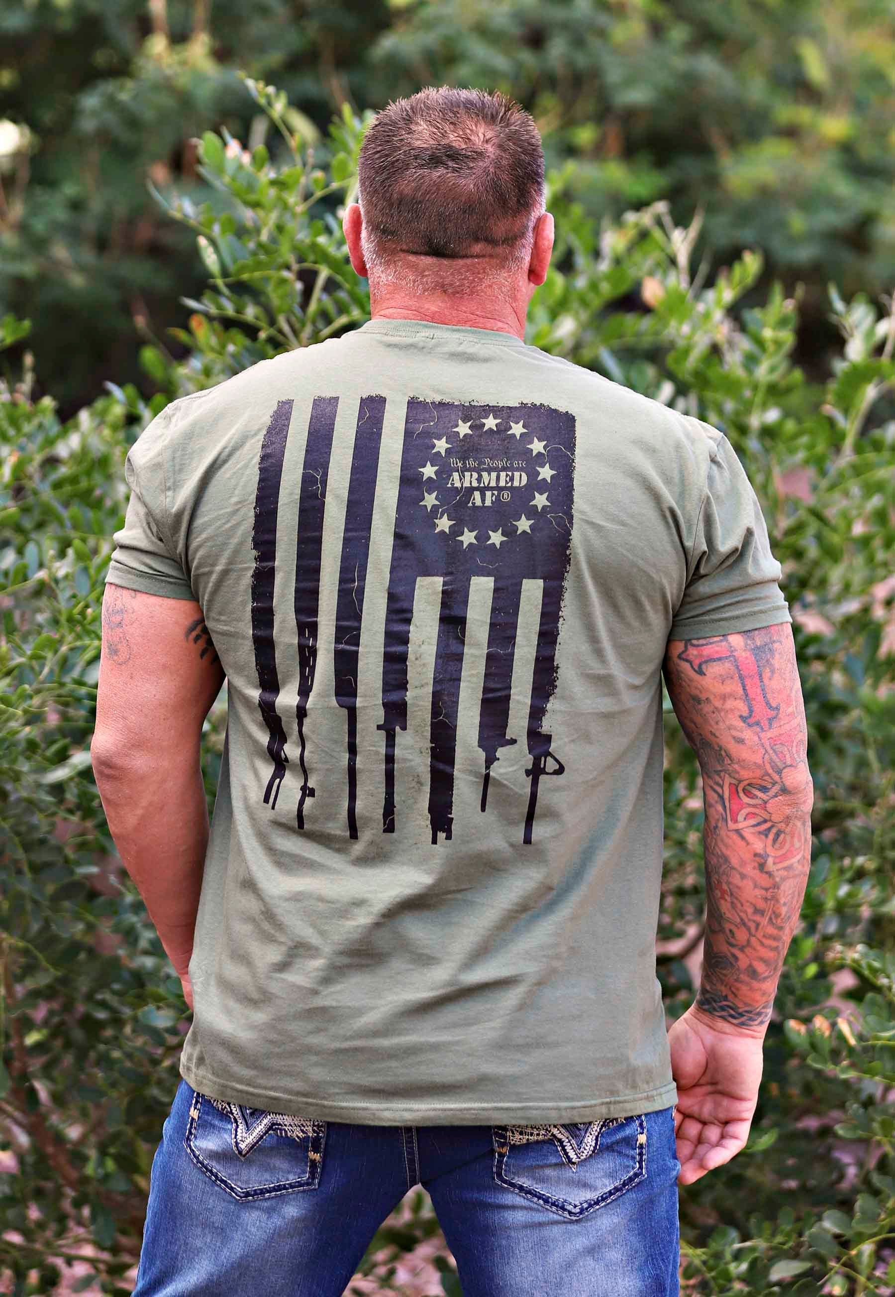 Model wearing Armed AF second amendment flag tshirt