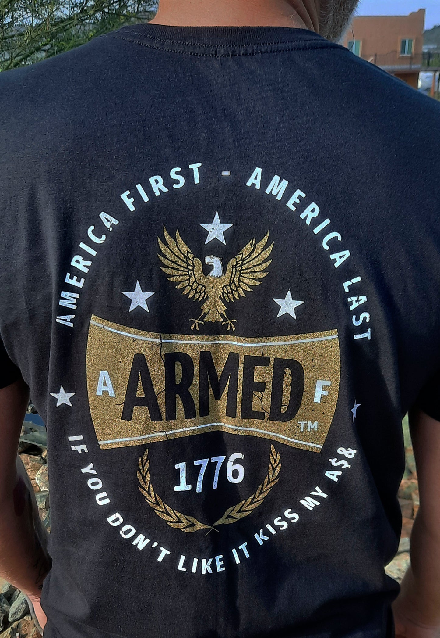 model wearing Armed AF America first t-shirt