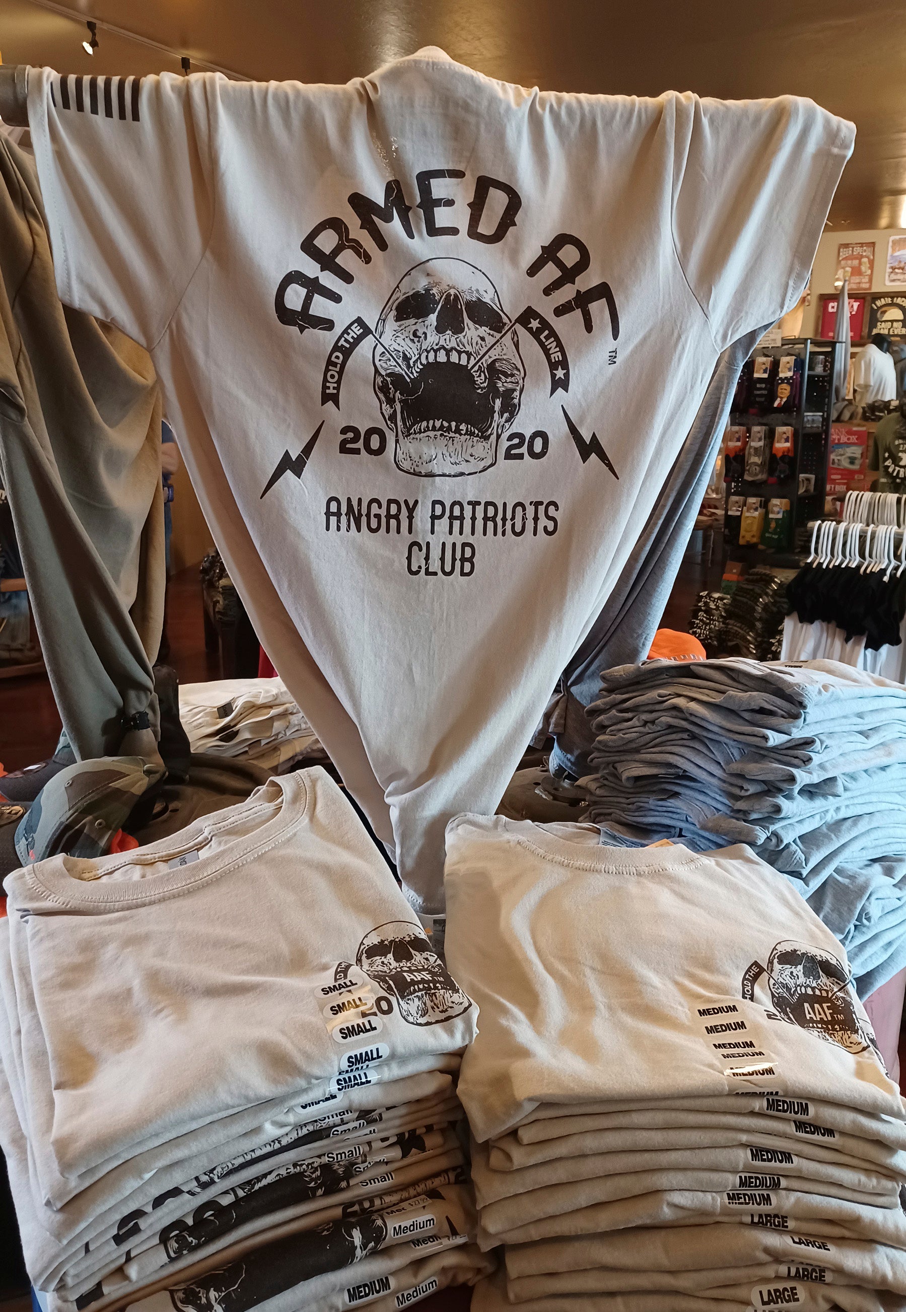 Angry Patriots club t-shirt on display in store