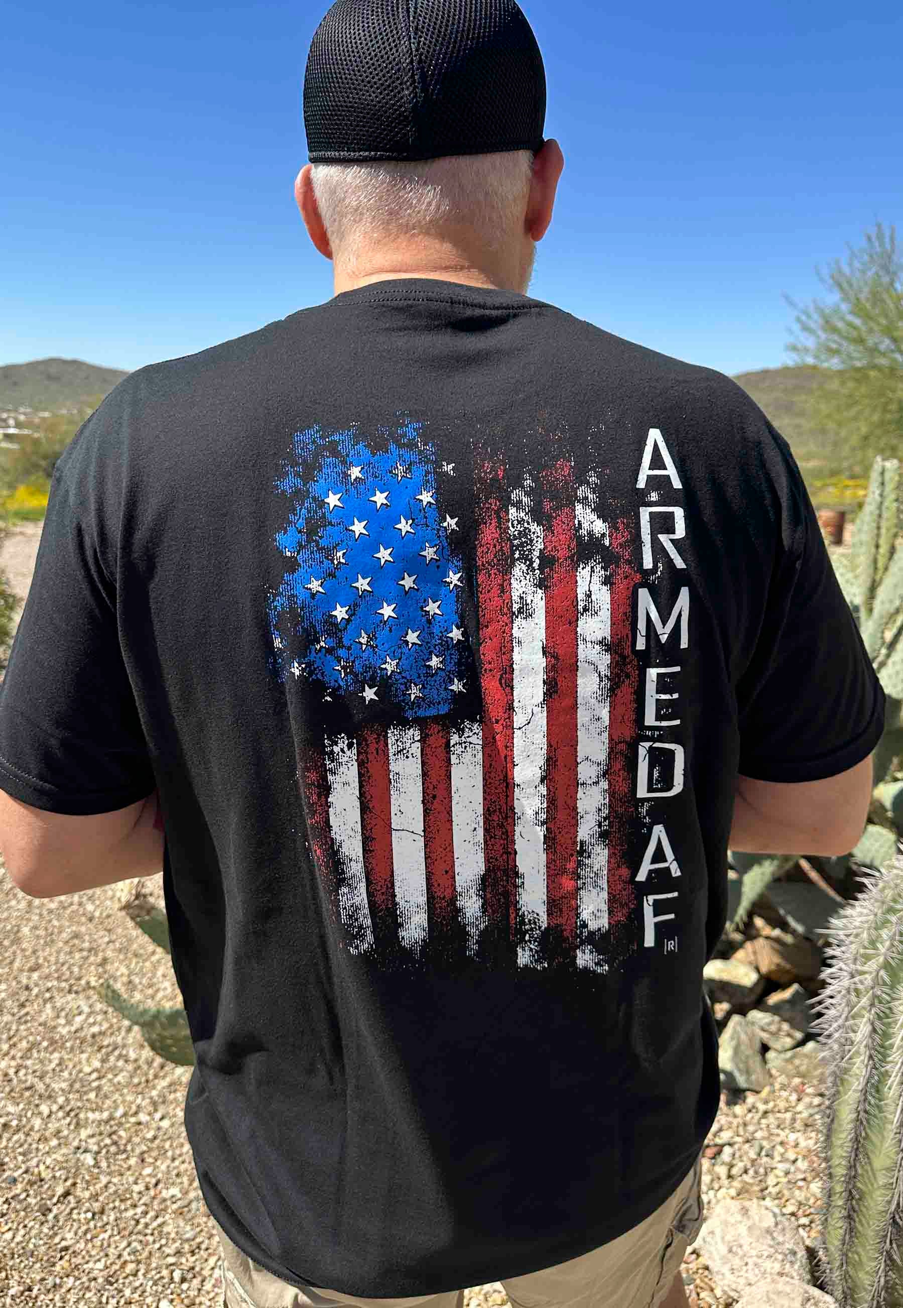 American flag t-shirt from Armed AF® brand on model
