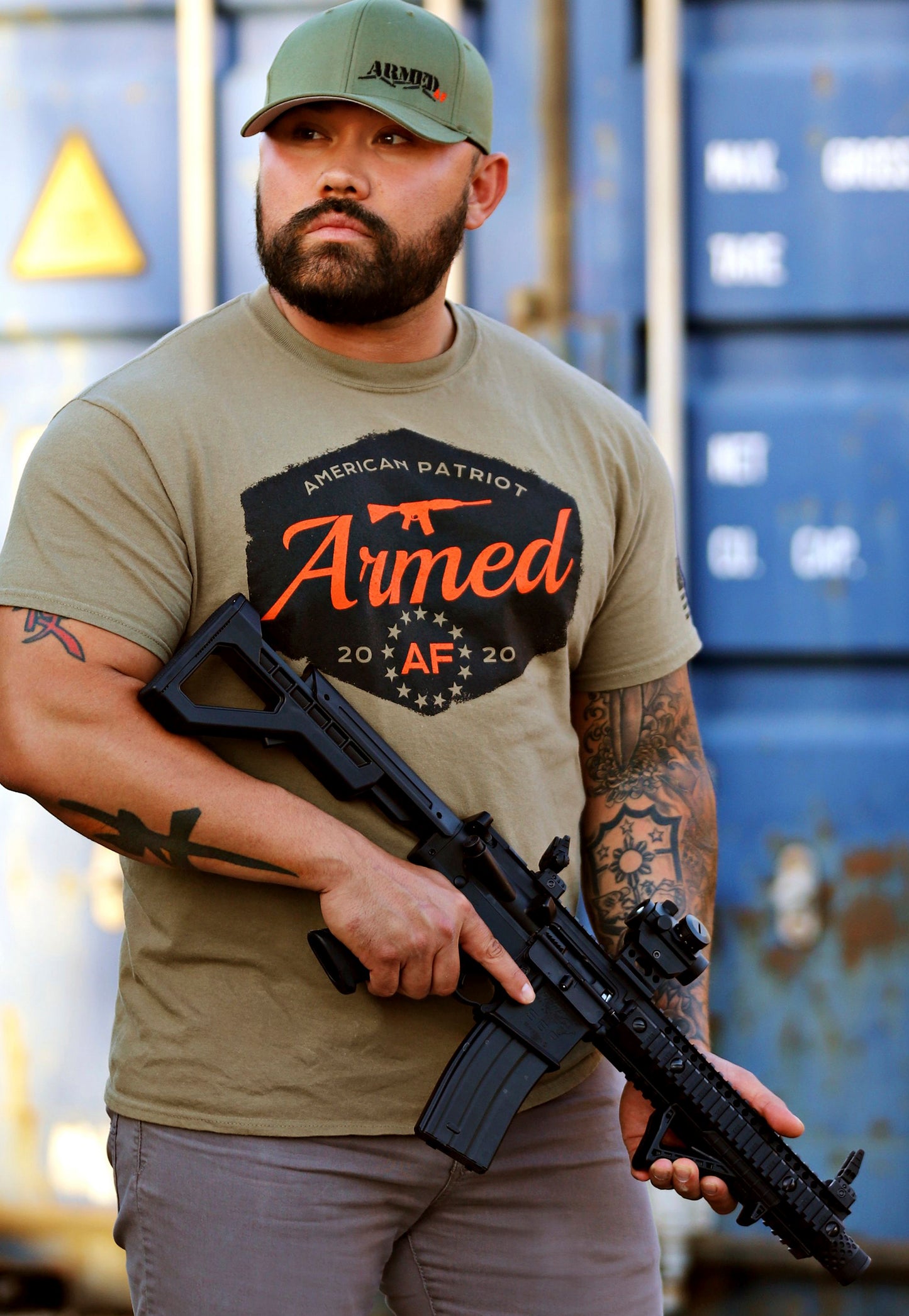 Armed AF® logo tee shirt on model with ar15