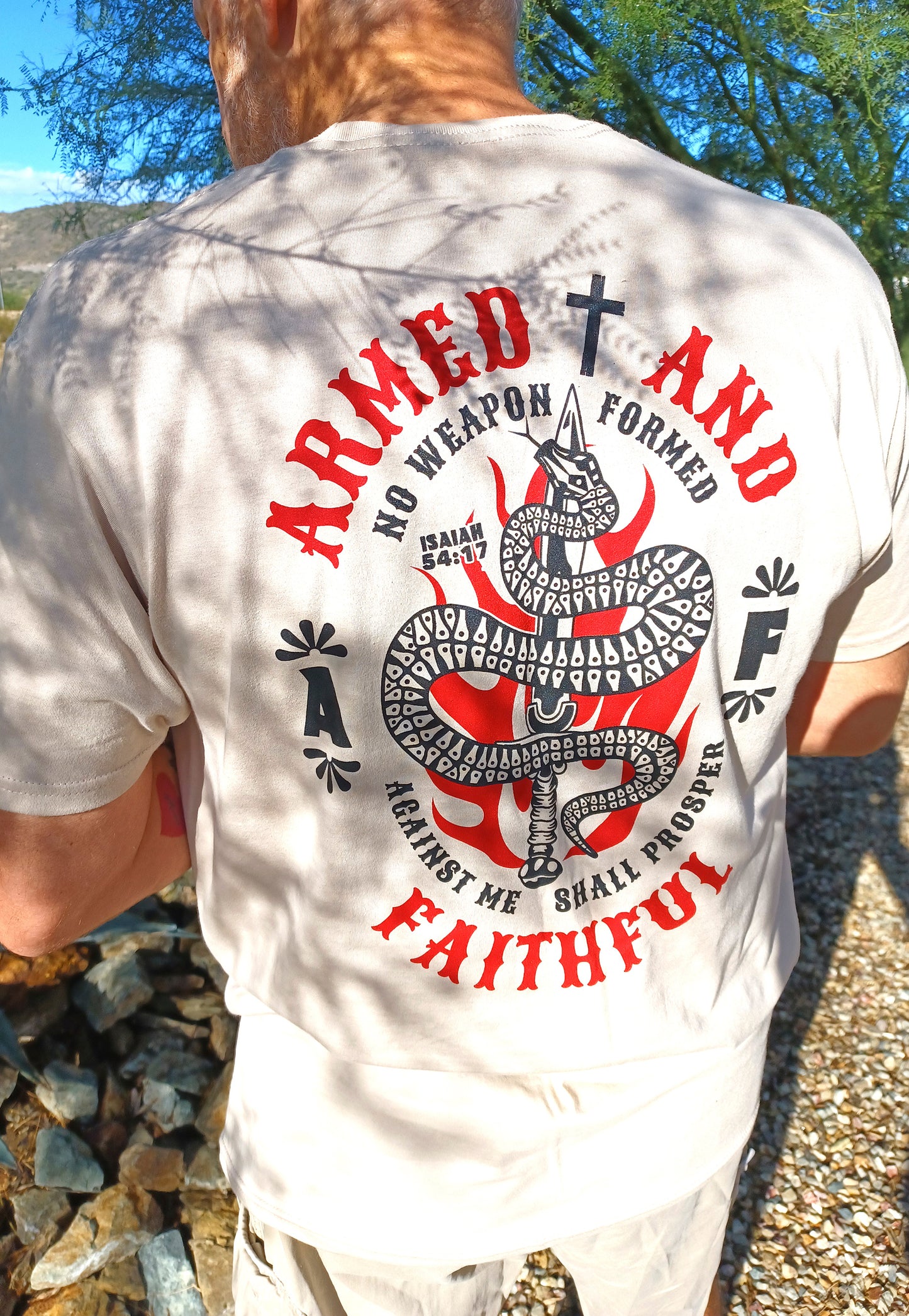 Armed and Faithful Christian patriotic tee shirt on model