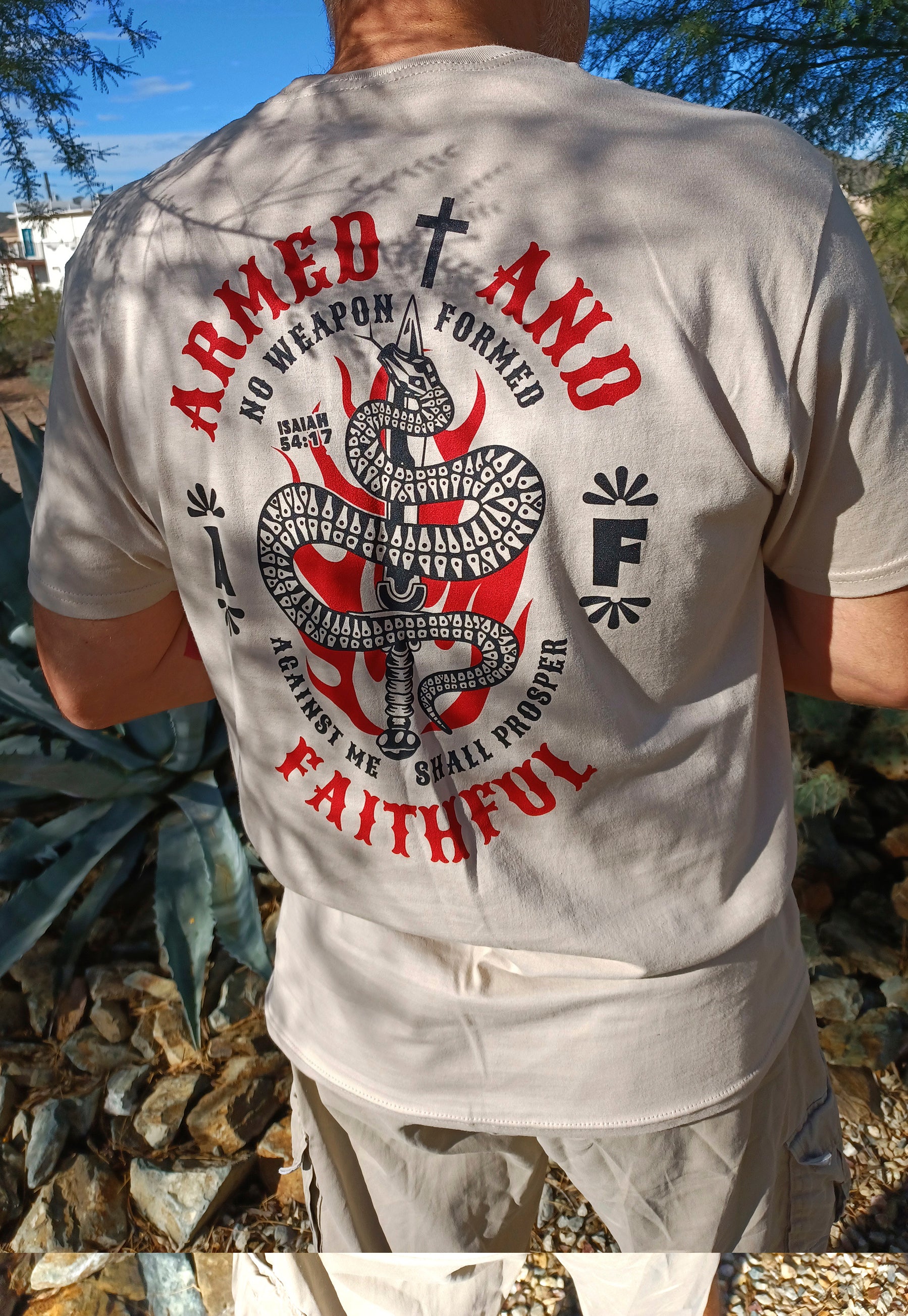 Armed and faithful Christian patriot t-shirt on model