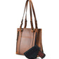 Holster view of womens conceal carry purse in distressed brown leather