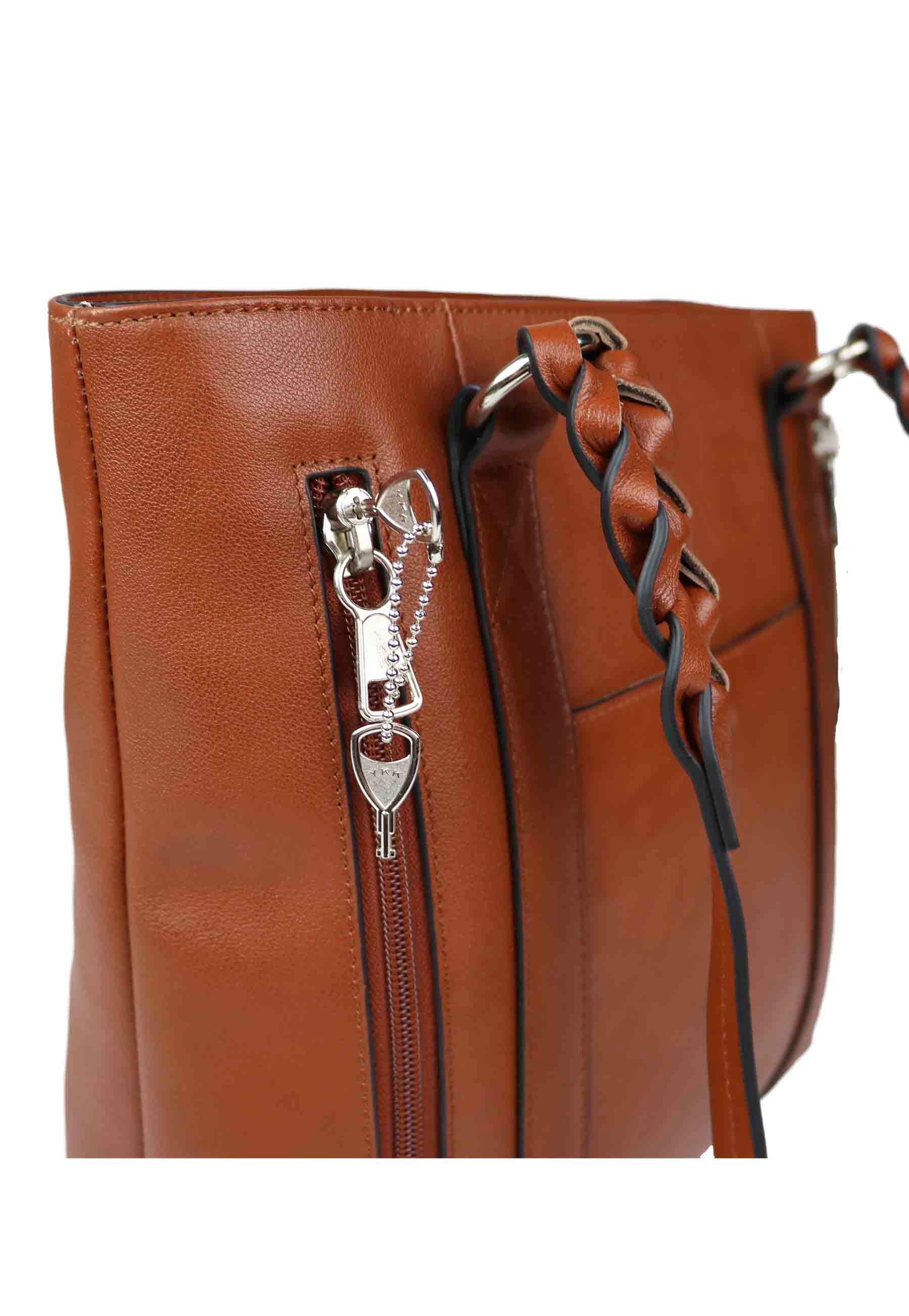 closeup view of locking zippers on leather conceal carry purse