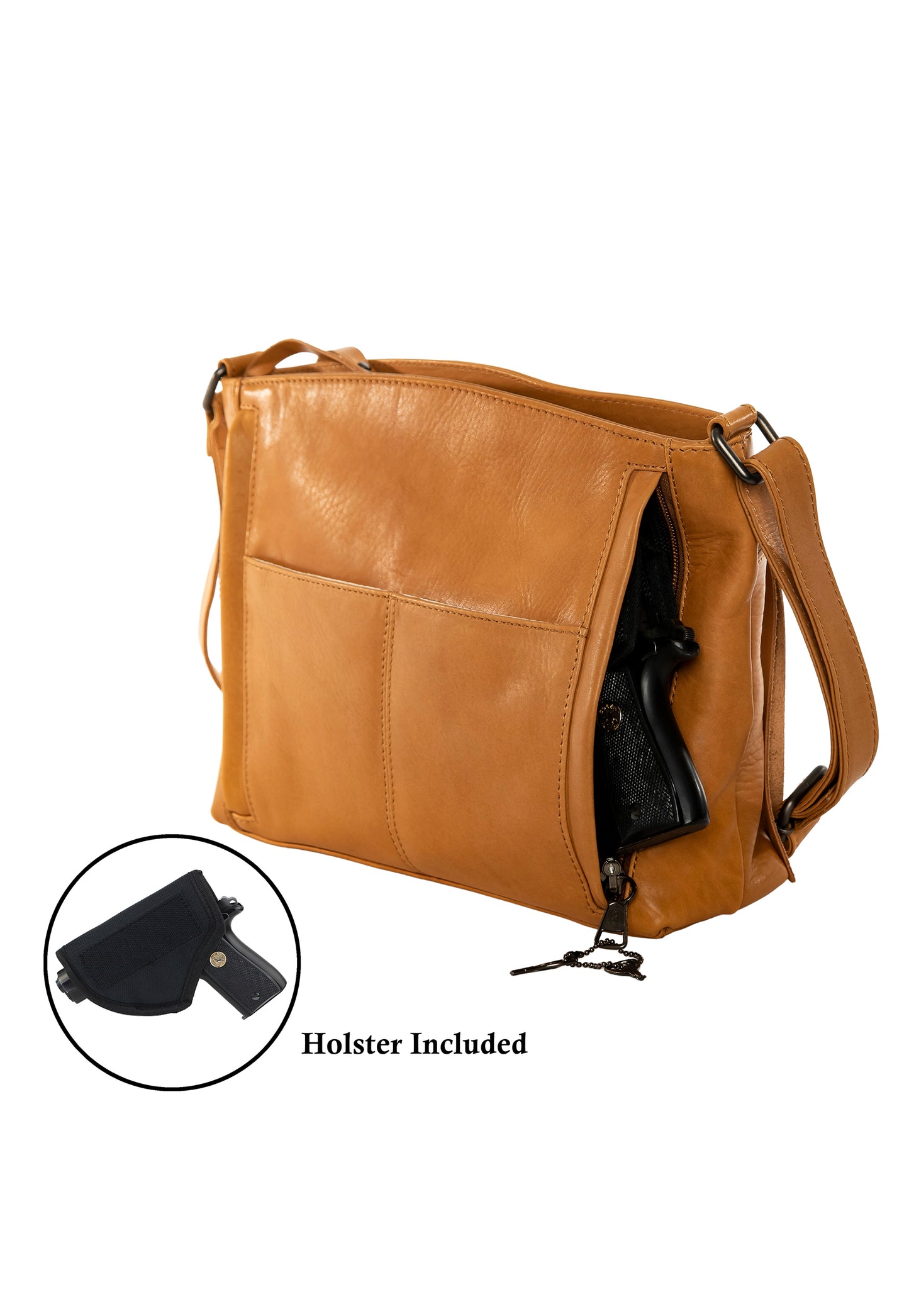 Leather concealed carry purse showing gun in conceal pocket
