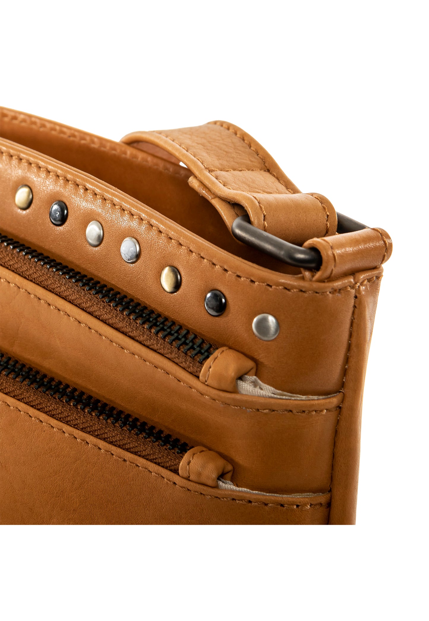 Close view of studs on concealed carry leather purse