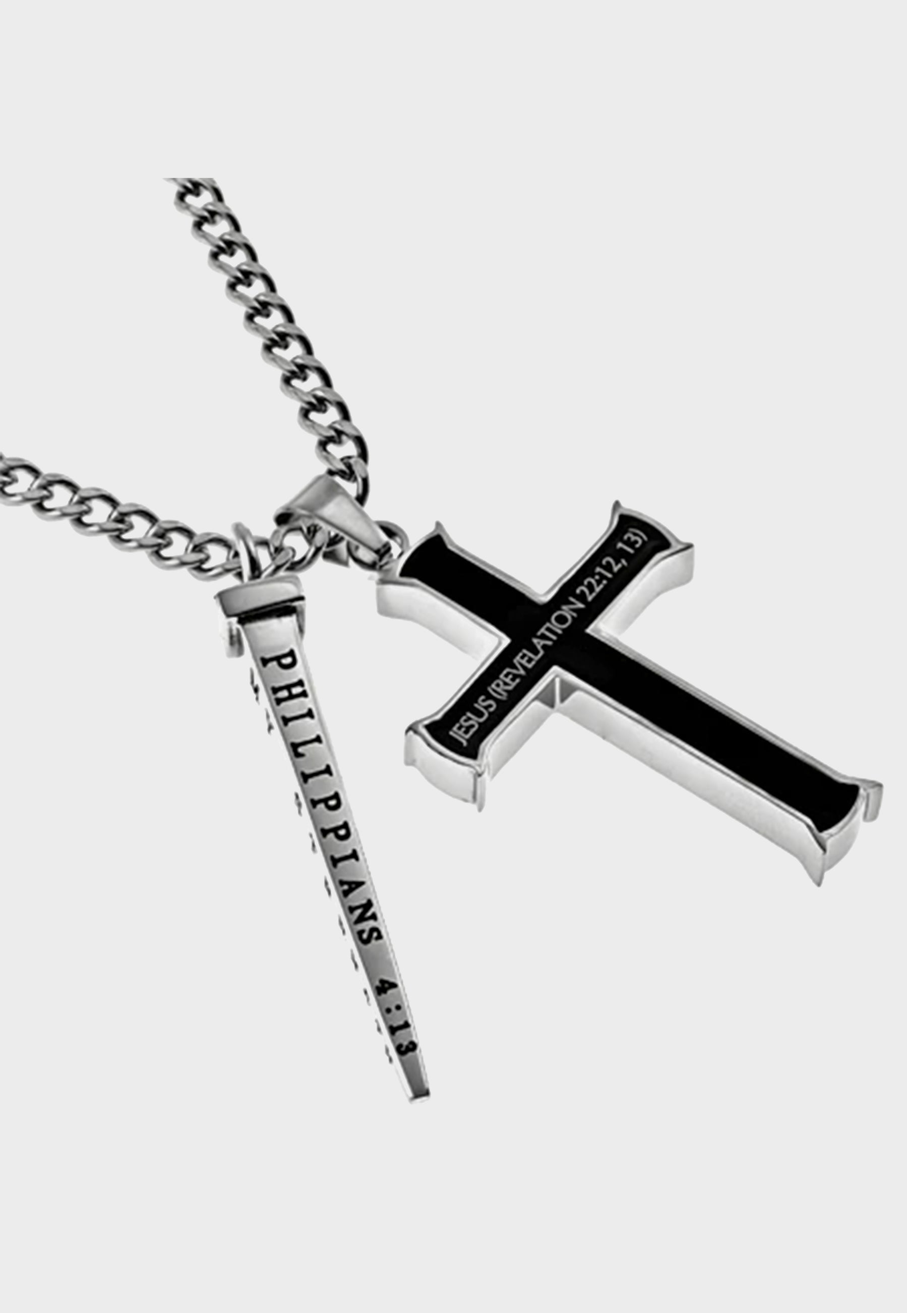 Men's Christian cross and nail necklace with Bible verses