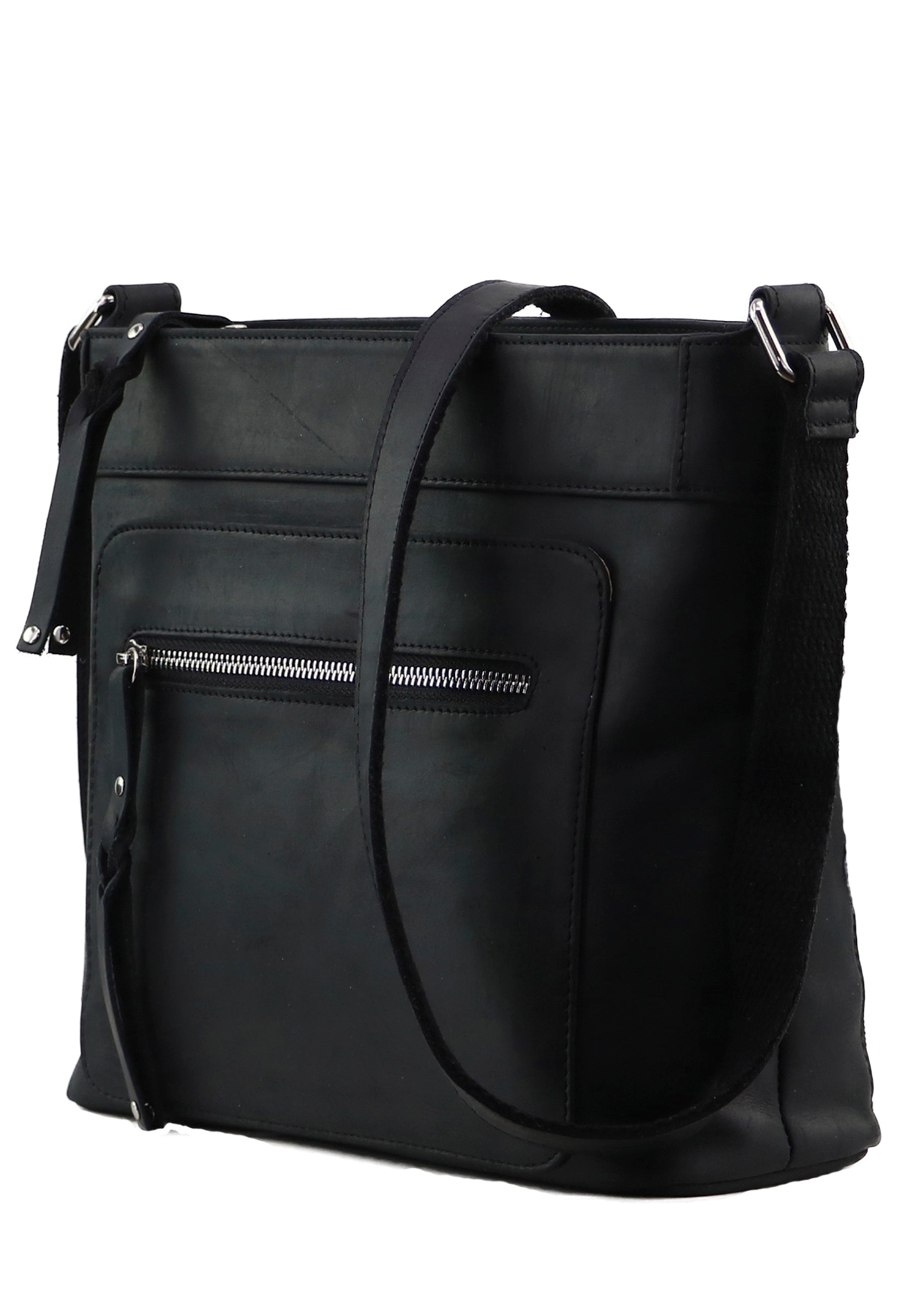 Side view of black leather conceal carry hand bag