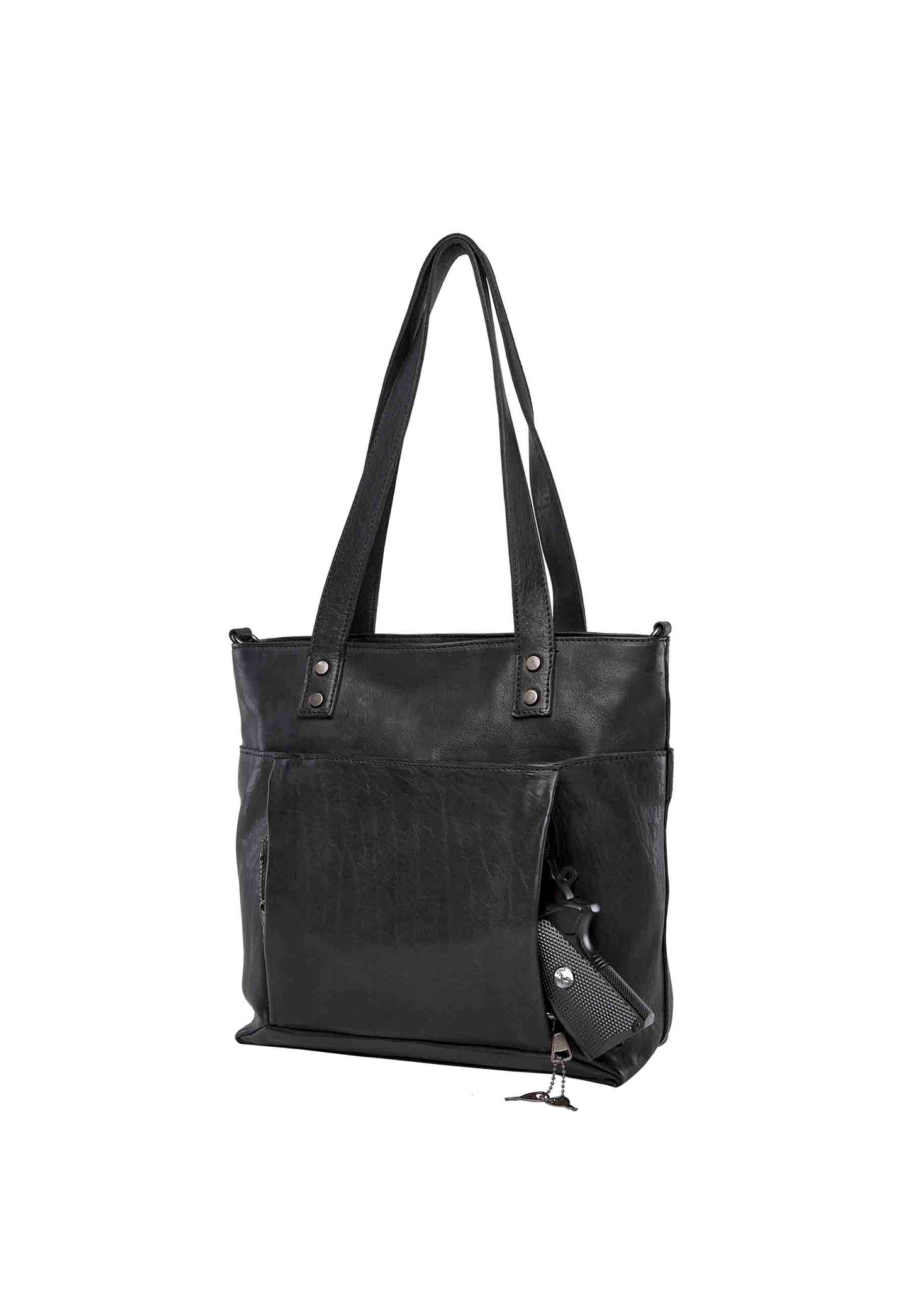 angled view of concealed carry hand bag in black leather