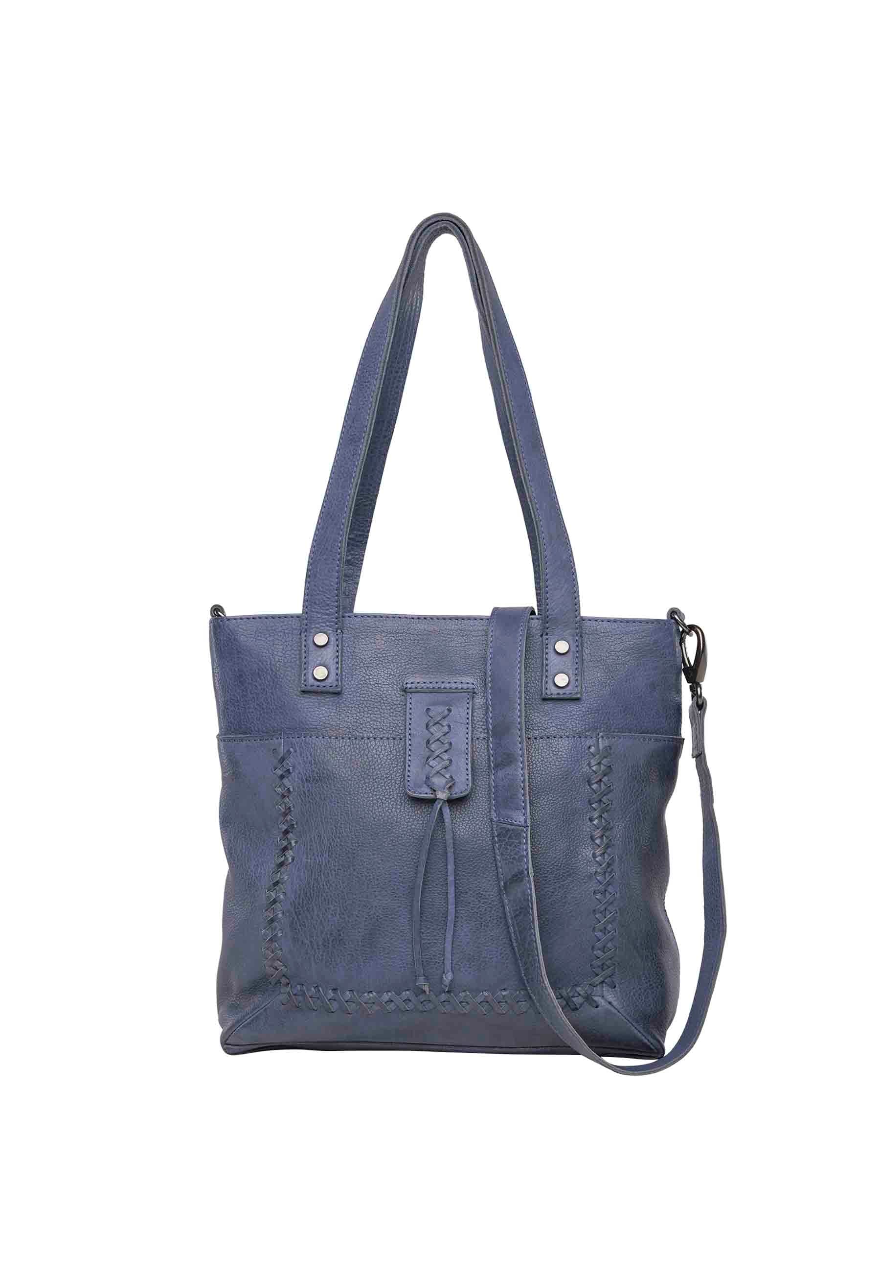 front view of blue leather concealed carry handbag