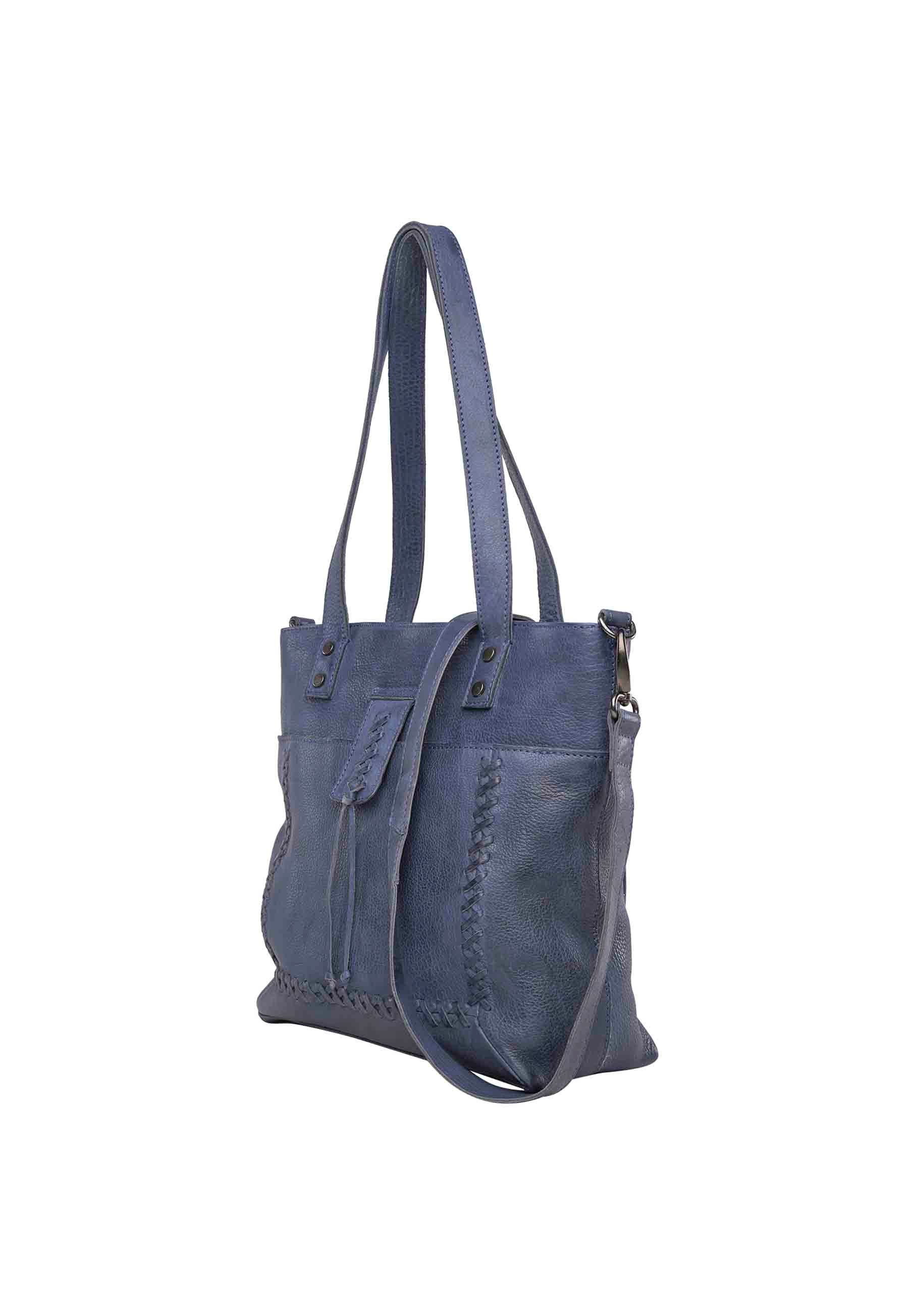 angle view of conceal carry bag in blue leather