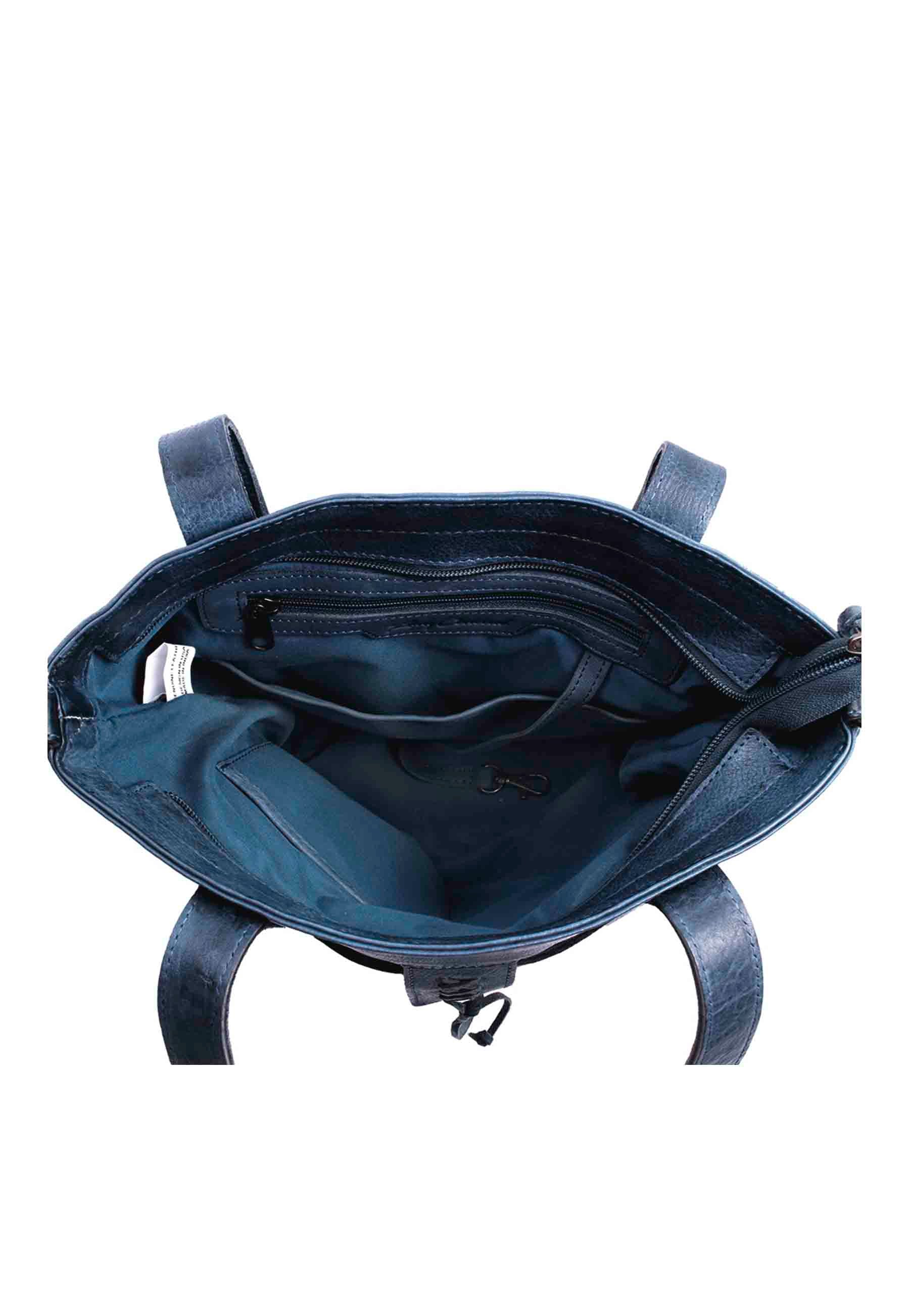 exploded interior view of leather pistol bag in blue