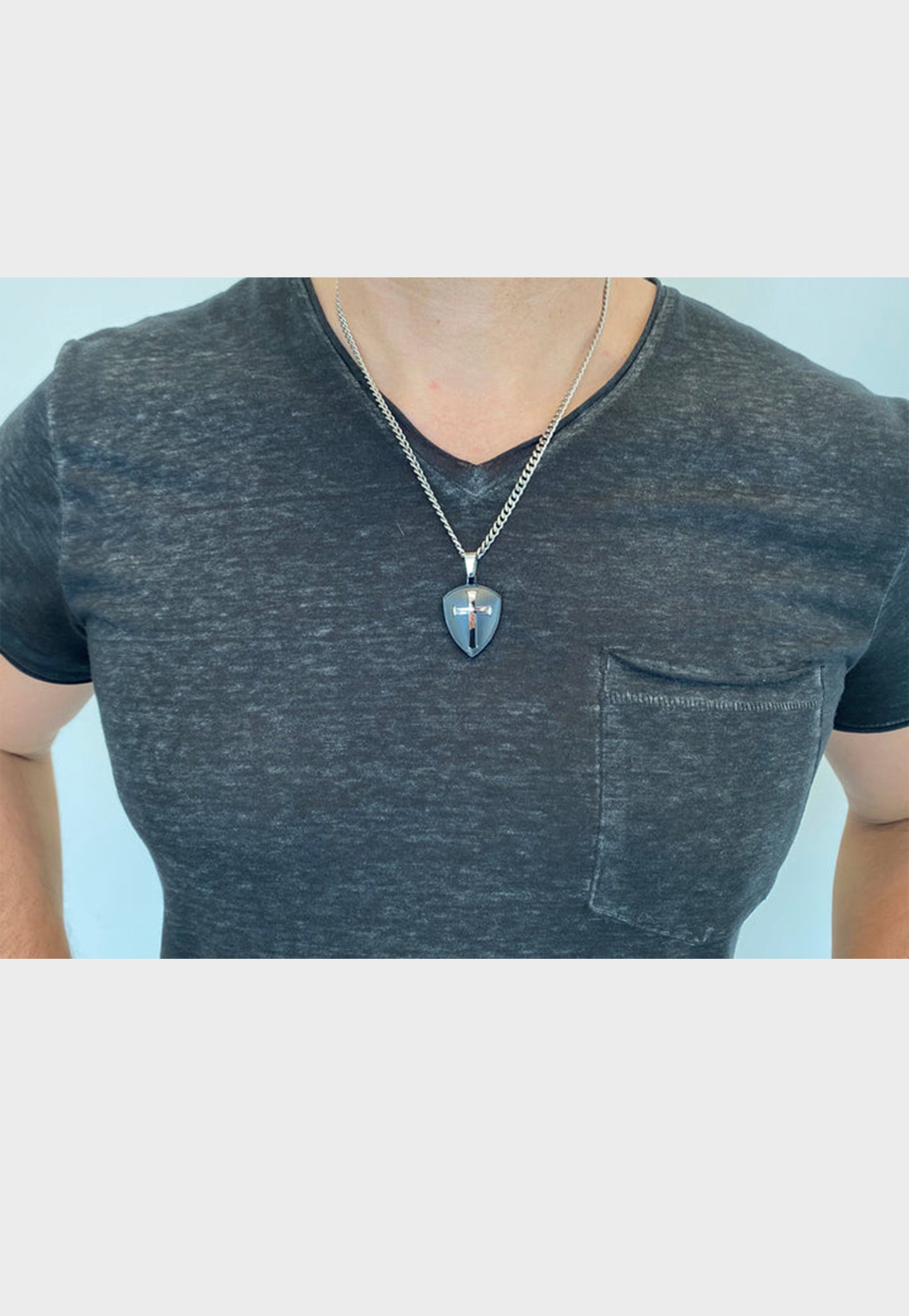 Christian model wearing Ephesians 6:11 pendant necklace