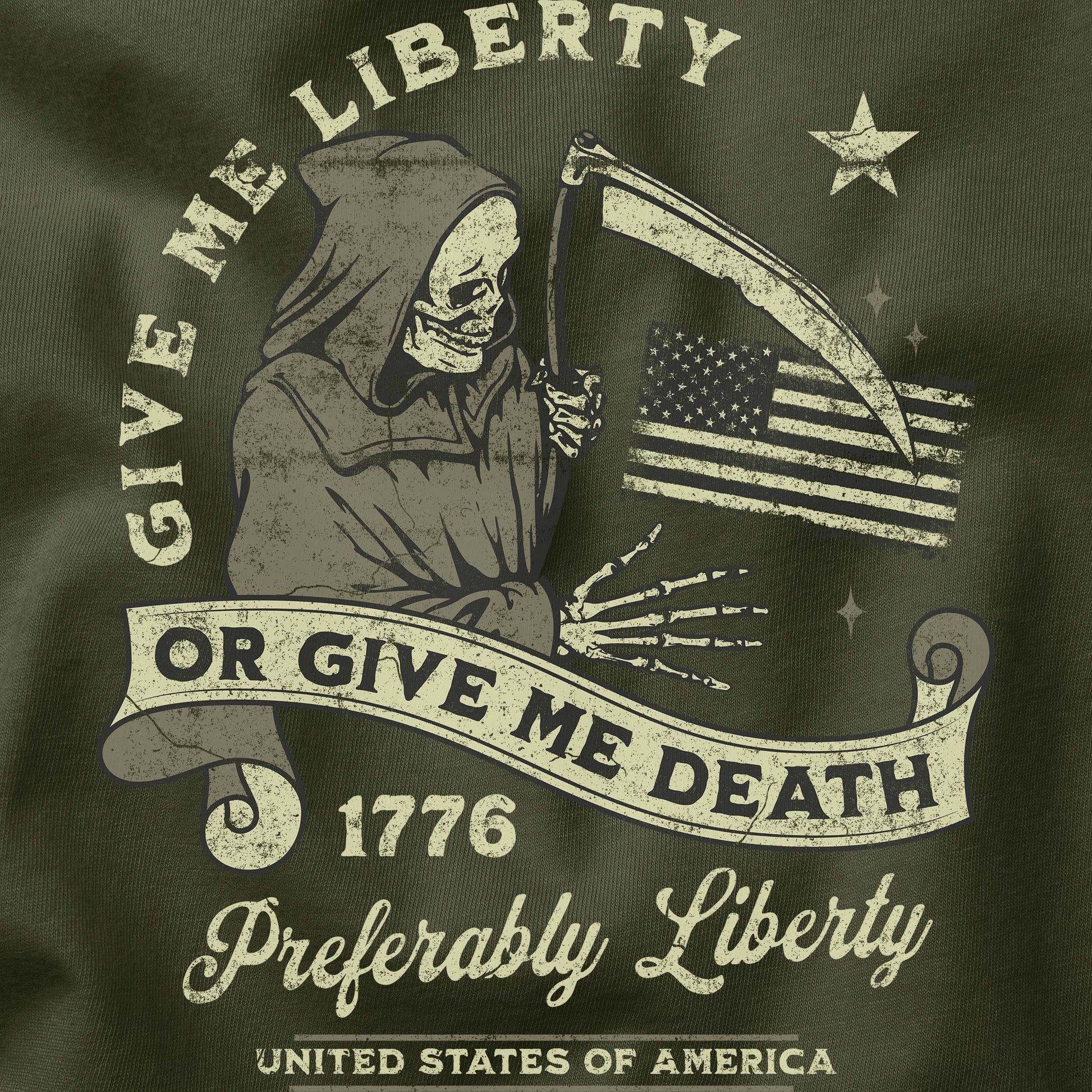 Closeup of Give me Liberty or Give me Death t-shirt graphic from ArmedAF® brand