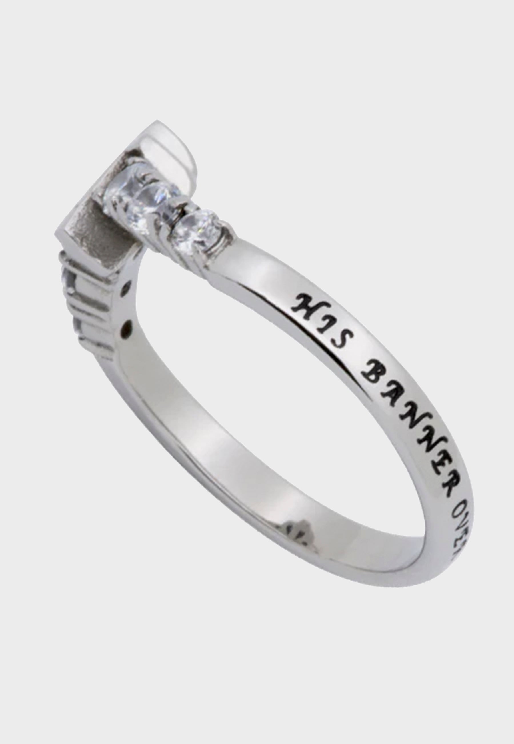 Side view of women's Christian ring with Bible verse