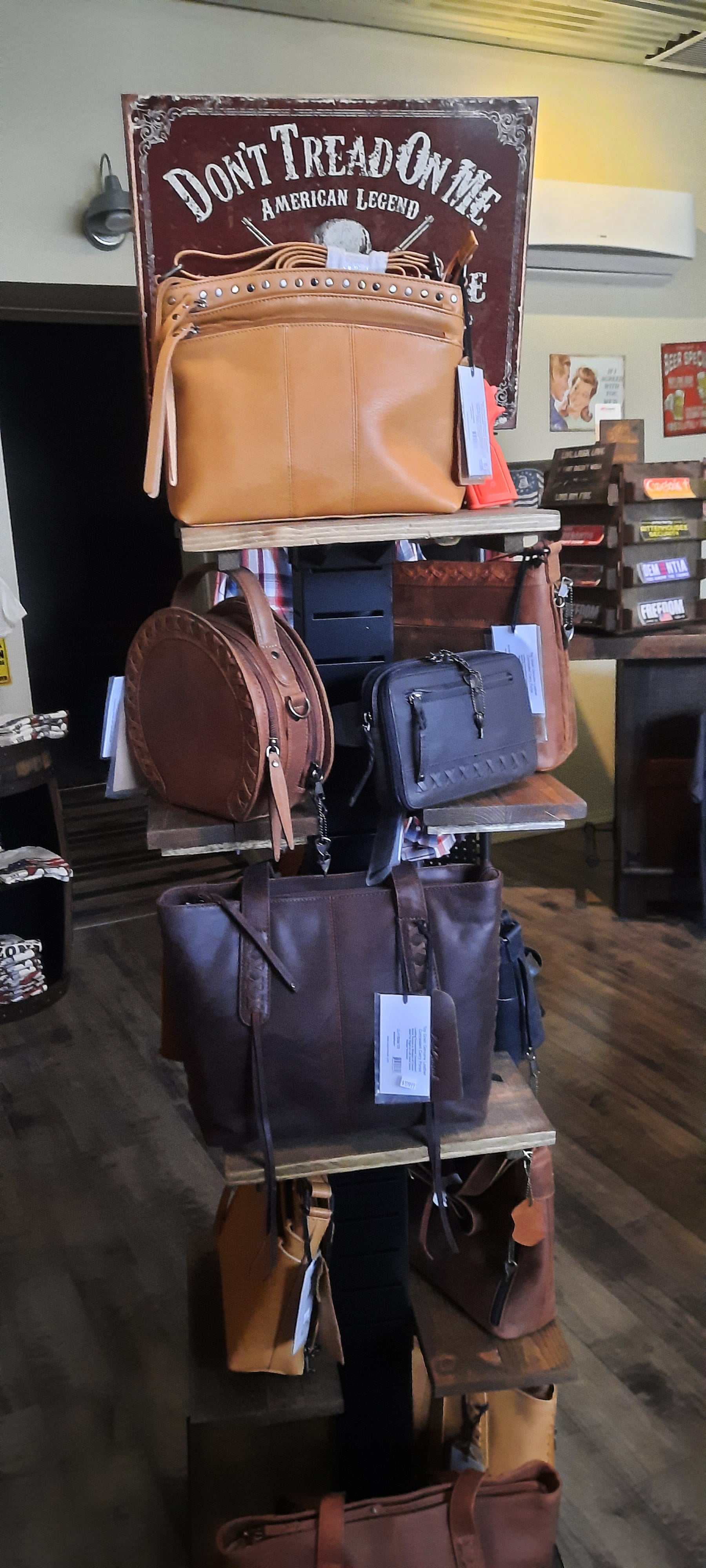 Leather conceal carry purses on display in retail store