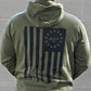 Second amendment hoodie on model with gun flag on back