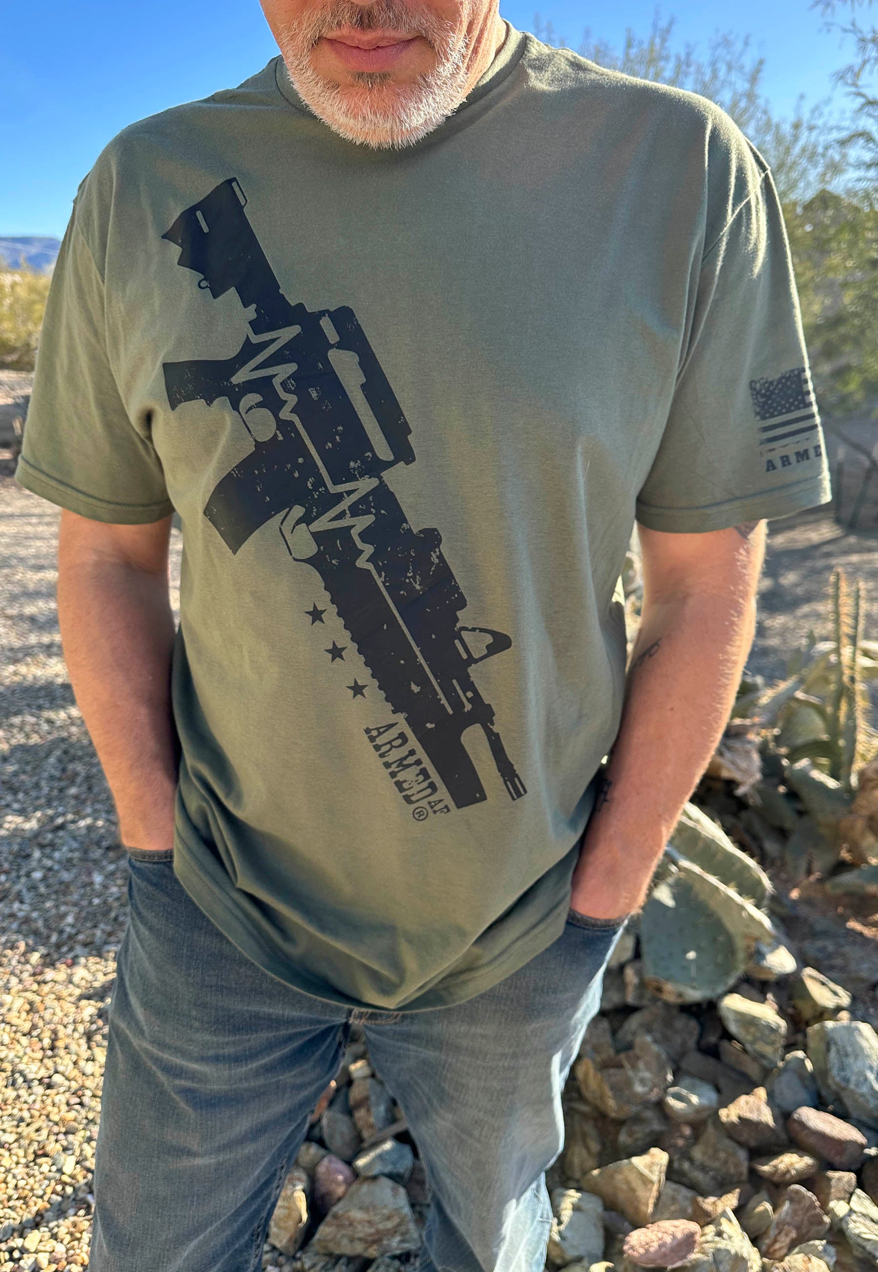 AR15 on a sling printed t-shirt on model