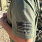 American flag on sleeve of t-shirt worn by model