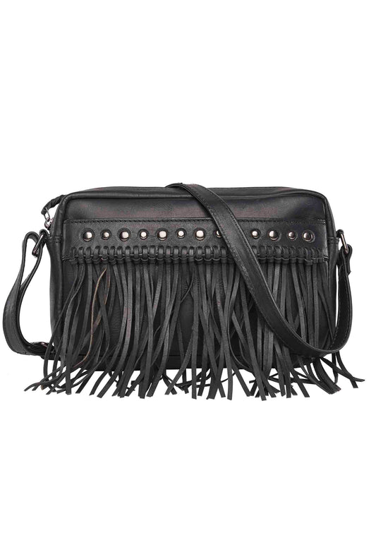 Black leather western conceal carry purse with fringe
