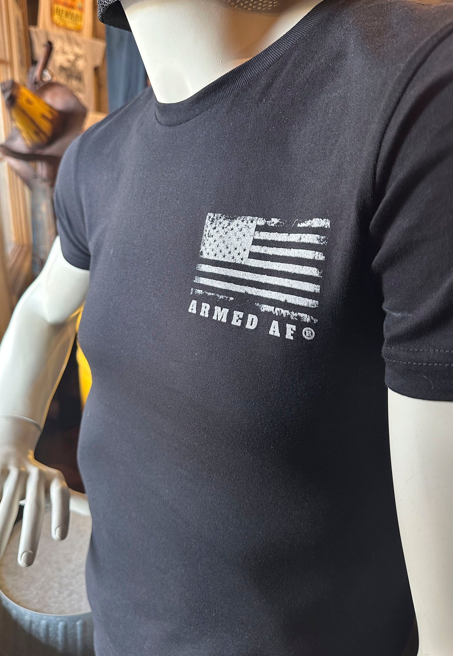 Chest print of american flag on second amendment brand tshirt