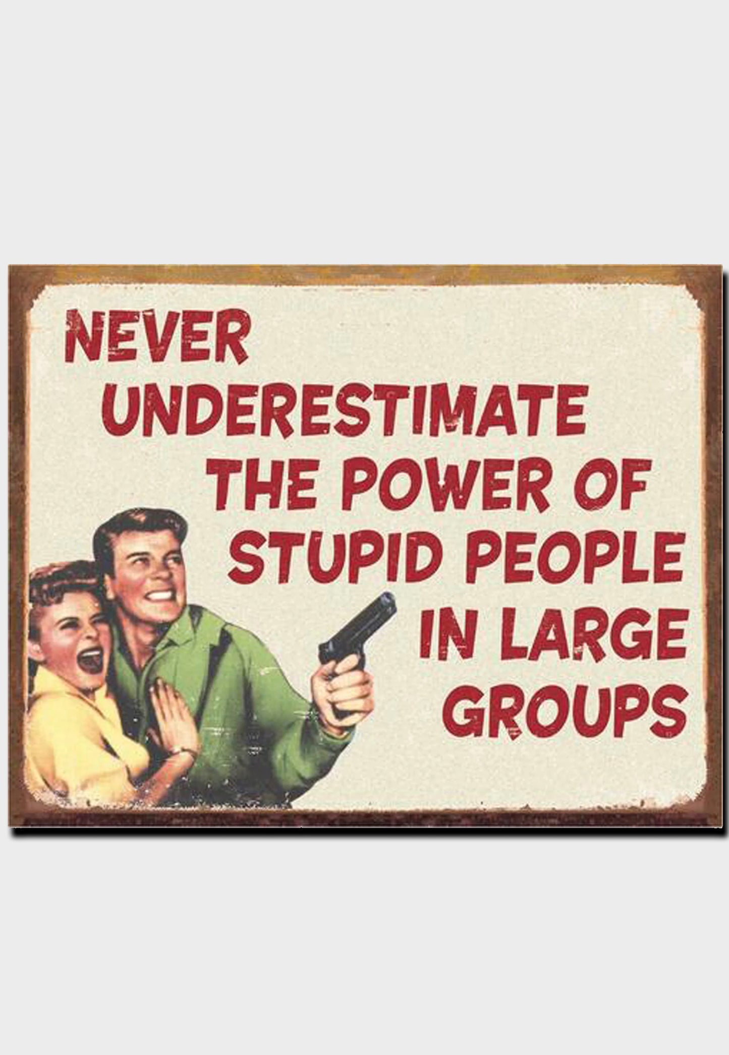 Never underestimate the power of stupid people in large groups tin sign