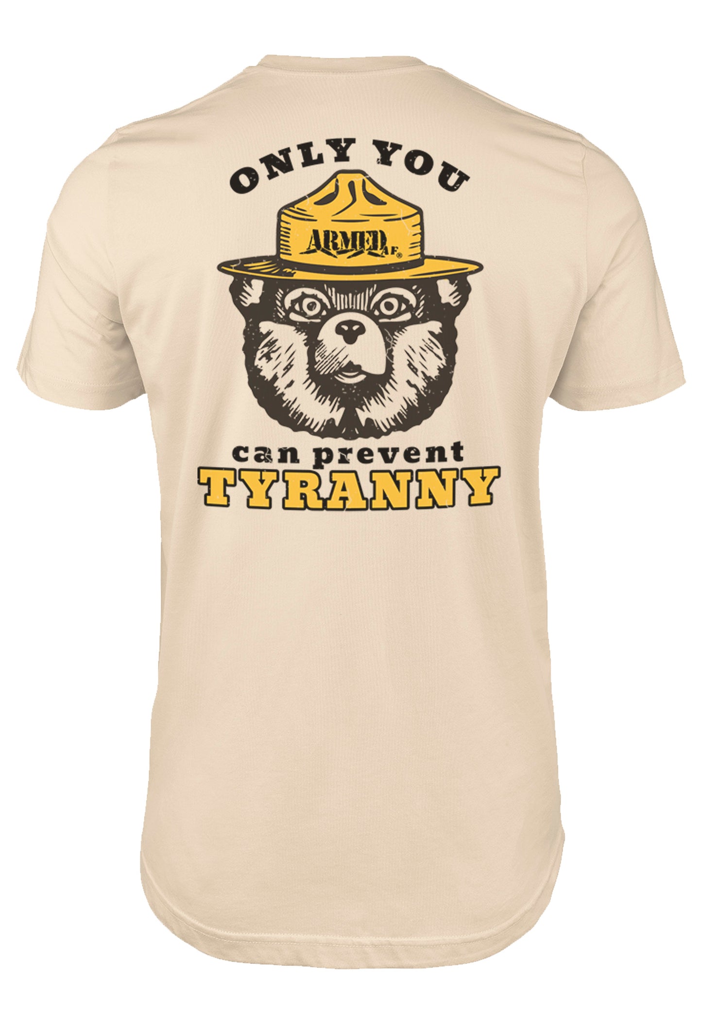 SMokey Bear tyranny t-shirt design on back of shirt