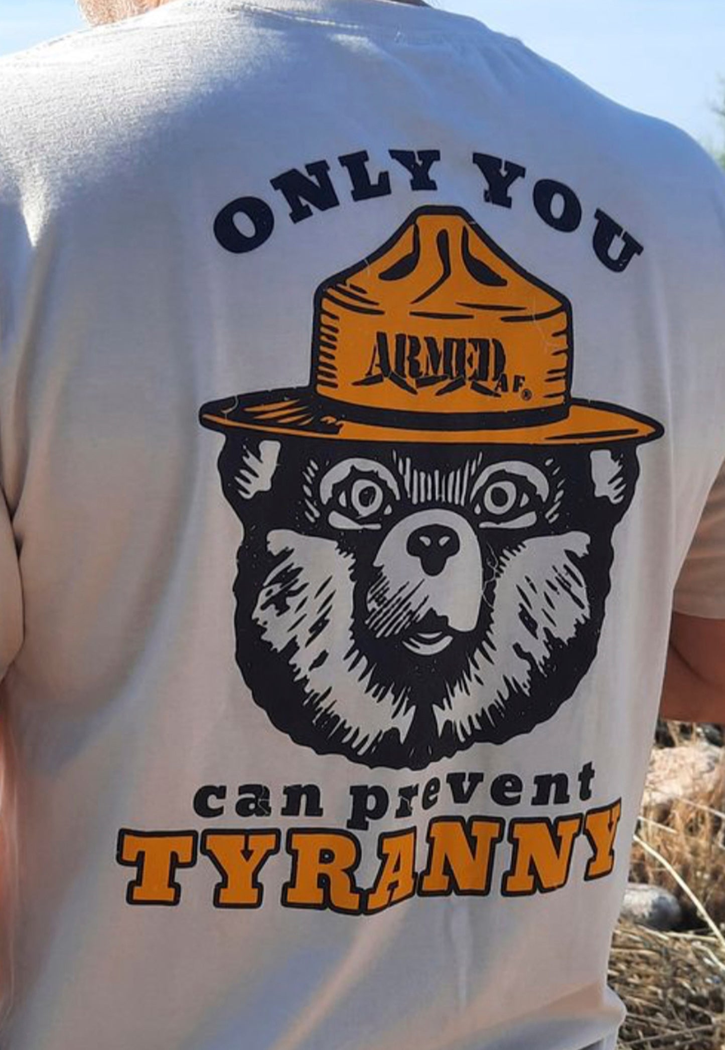 model wearing smokey bear t-shirt from armedaf brand