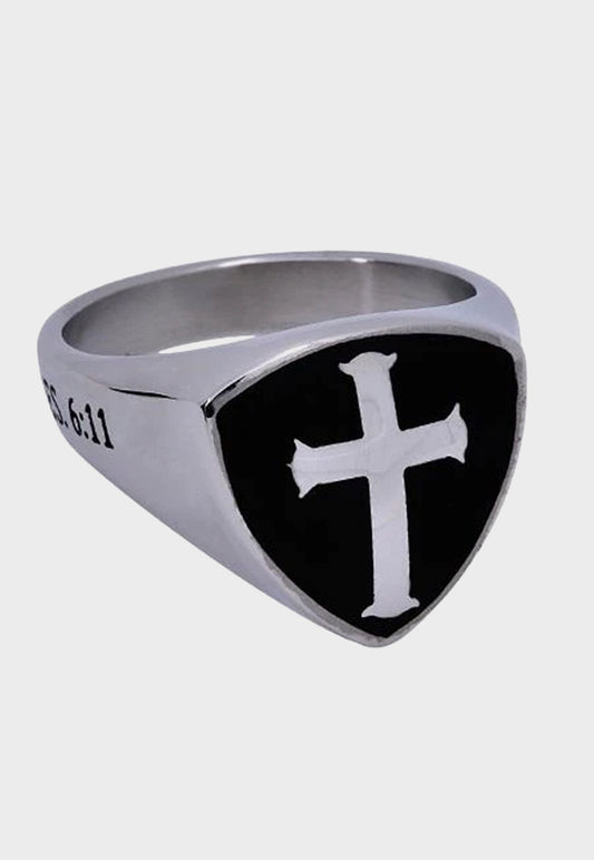 Men's Christian cross ring with shield