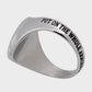 Mens Christian cross shield ring with Bible verse