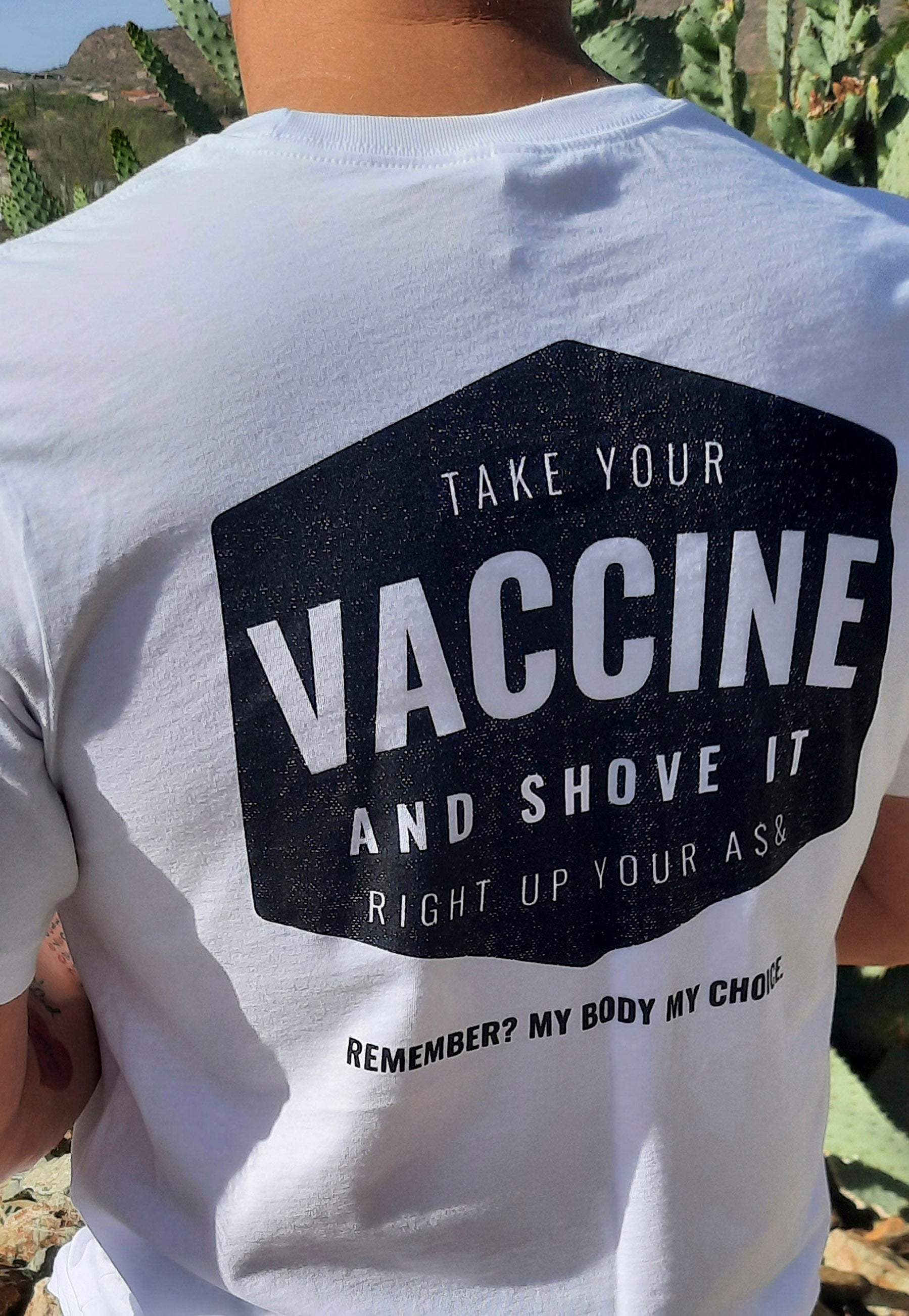 model wearing anti vaccine t-shirt