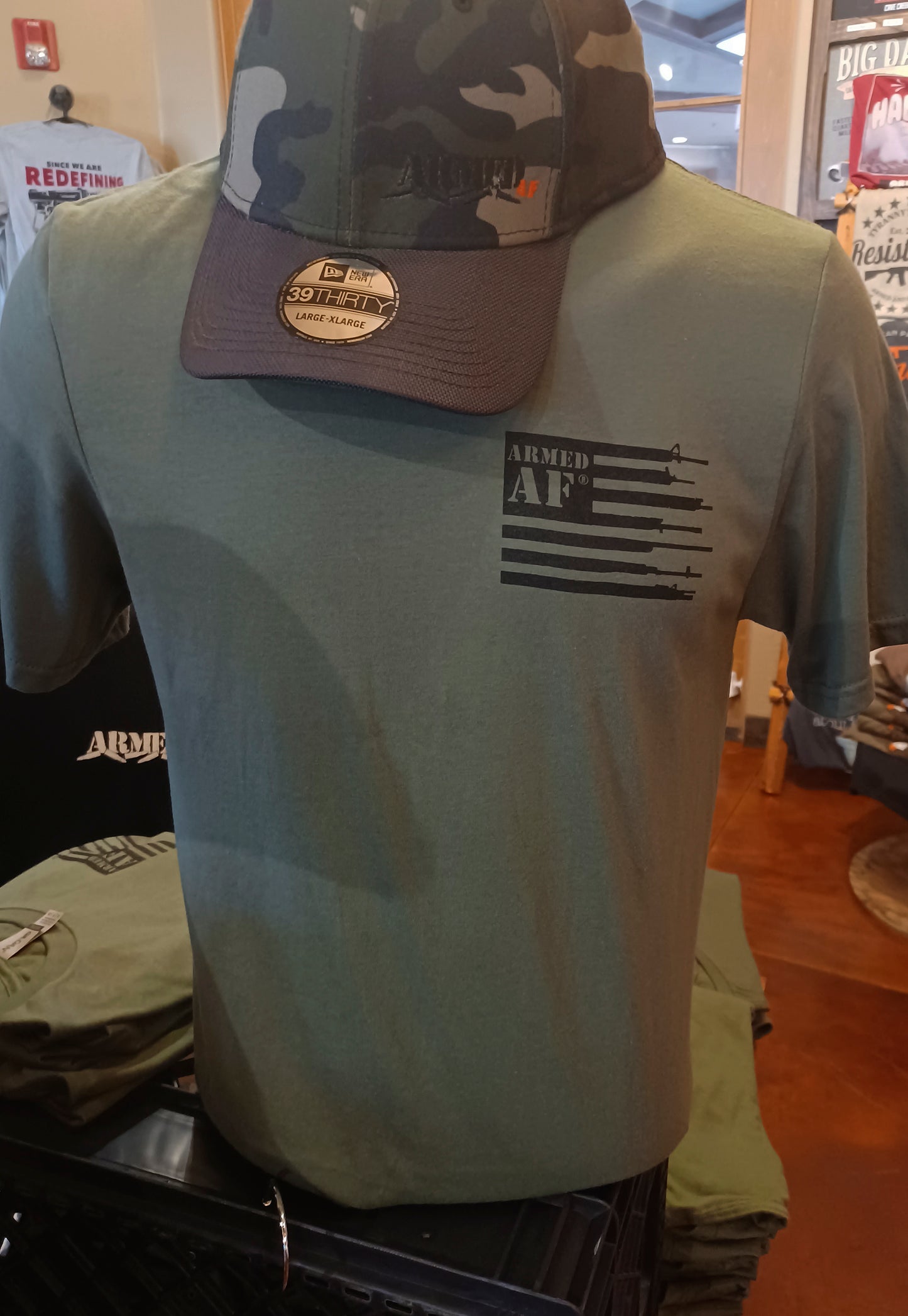Gun flag tee shirt on display in store