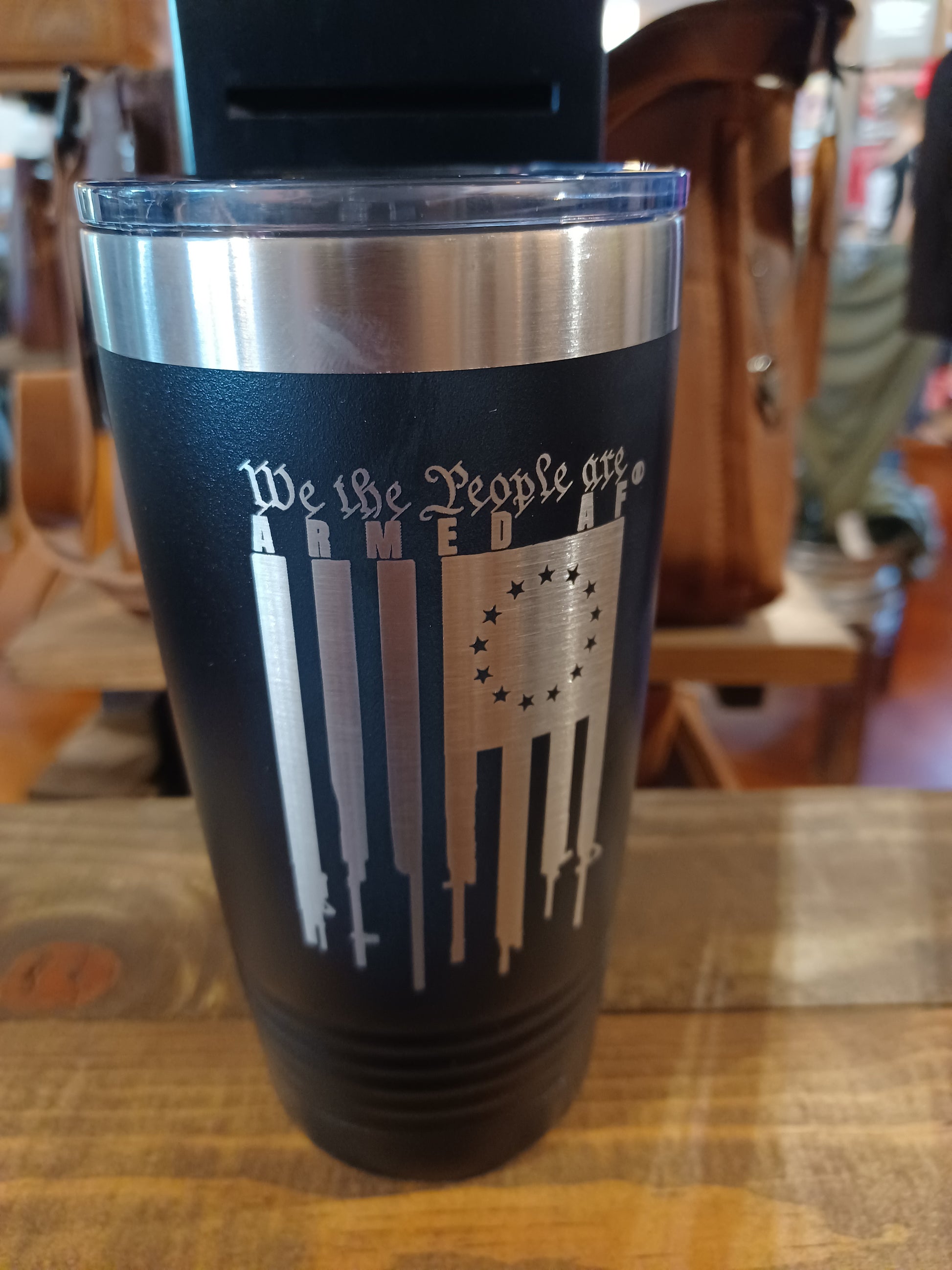 Second Amendment coffee tumbler on display in store
